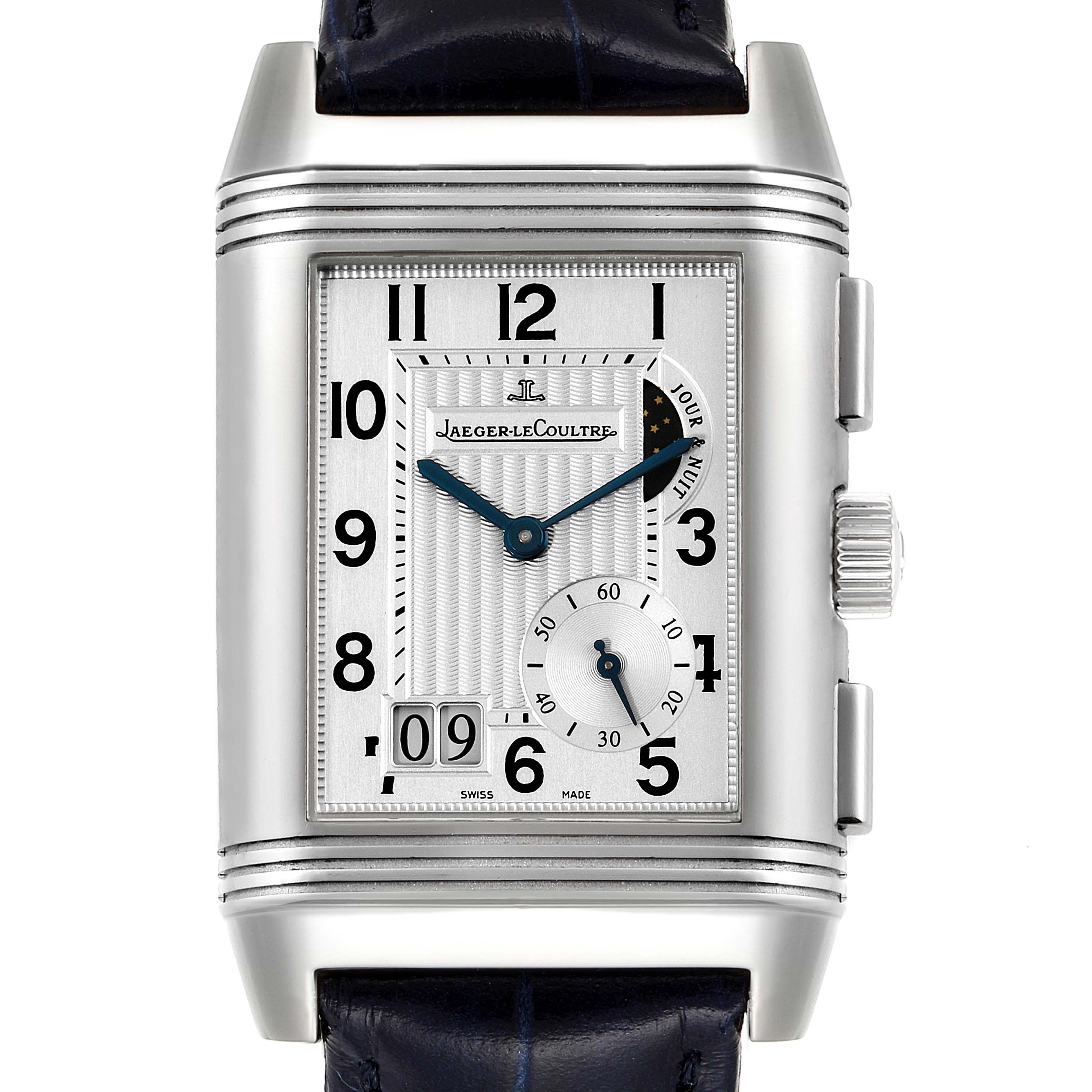 The image shows a front view of the Jaeger-LeCoultre Reverso watch, displaying its dial, hands, and date indicator.