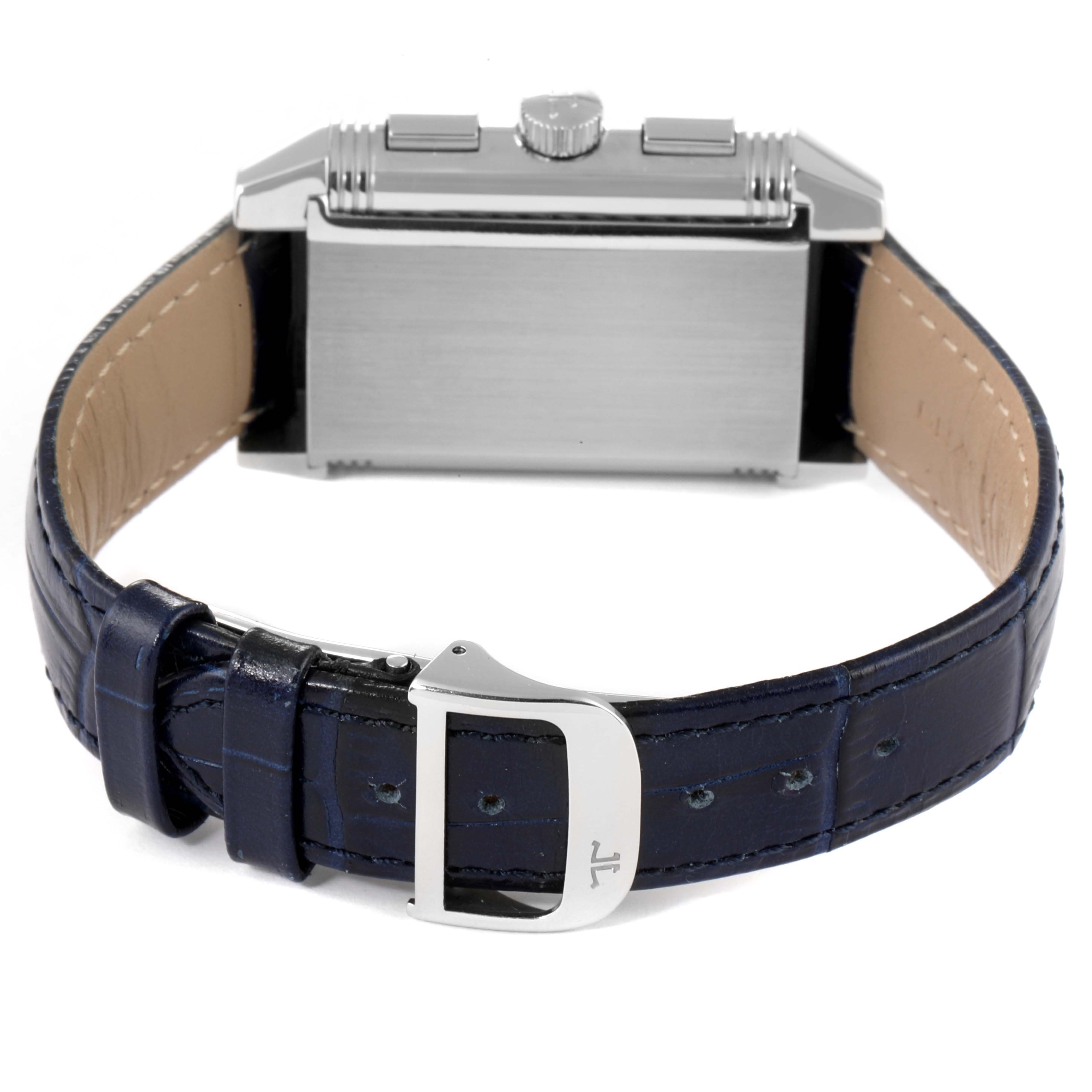 This image shows the Jaeger LeCoultre Reverso Q3028420 Men's Stainless Steel Silver Dial Q3028420 Men's Stainless Steel Silver Dial watch from the back, highlighting the clasp, strap, and case side.