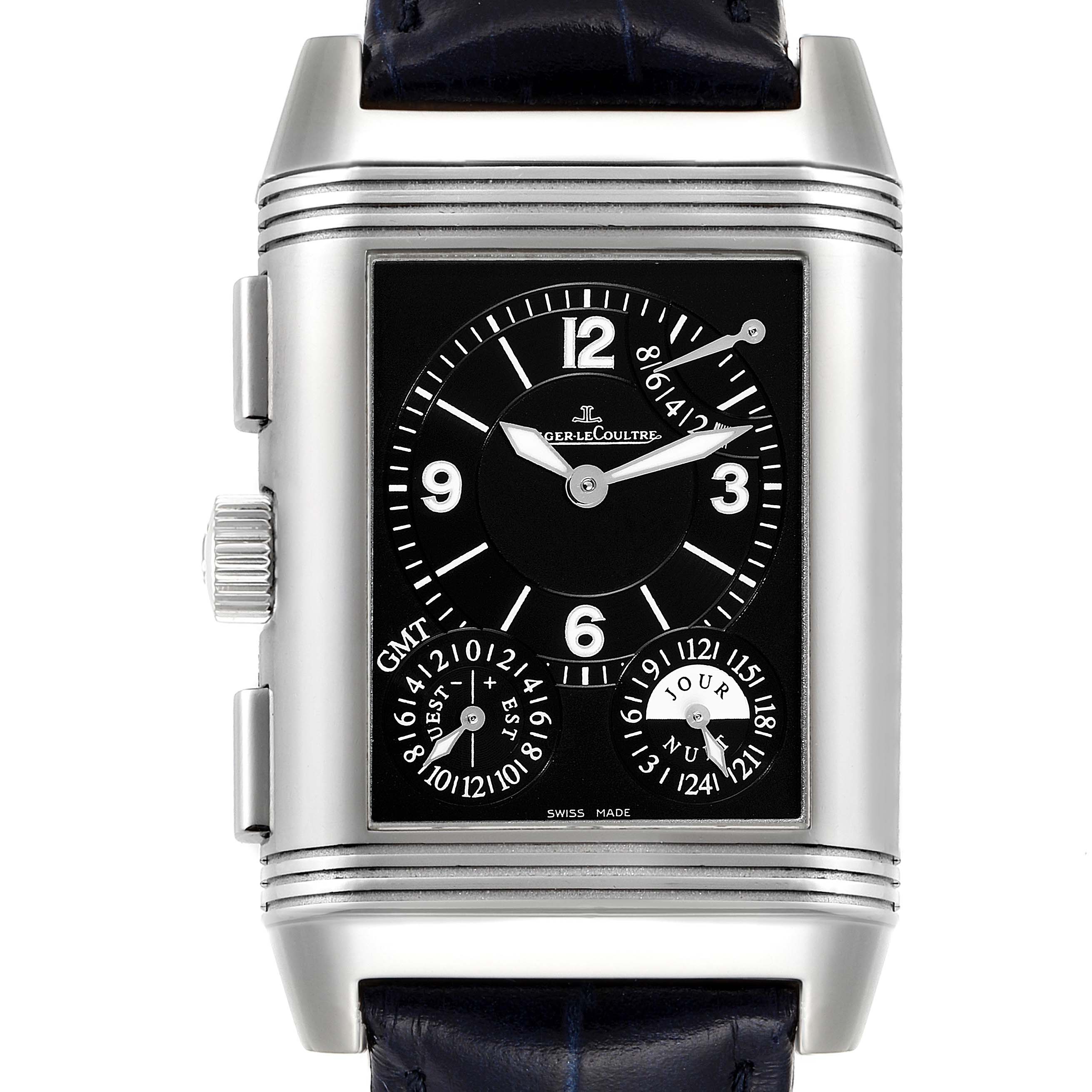 This image shows the front view of a Jaeger LeCoultre Reverso Q3028420 Men's Stainless Steel Silver Dial Q3028420 Men's Stainless Steel Silver Dial watch, displaying its face, dial, and casing.