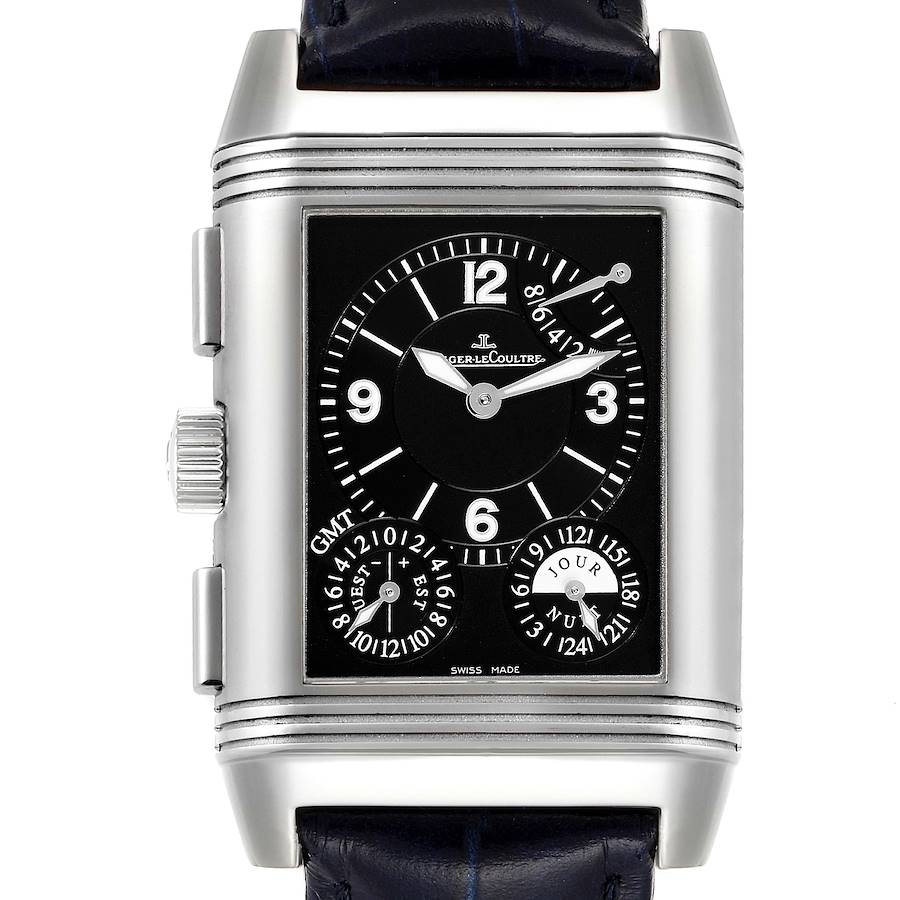 This image shows the front view of a Jaeger LeCoultre Reverso watch, displaying its face, dial, and casing.