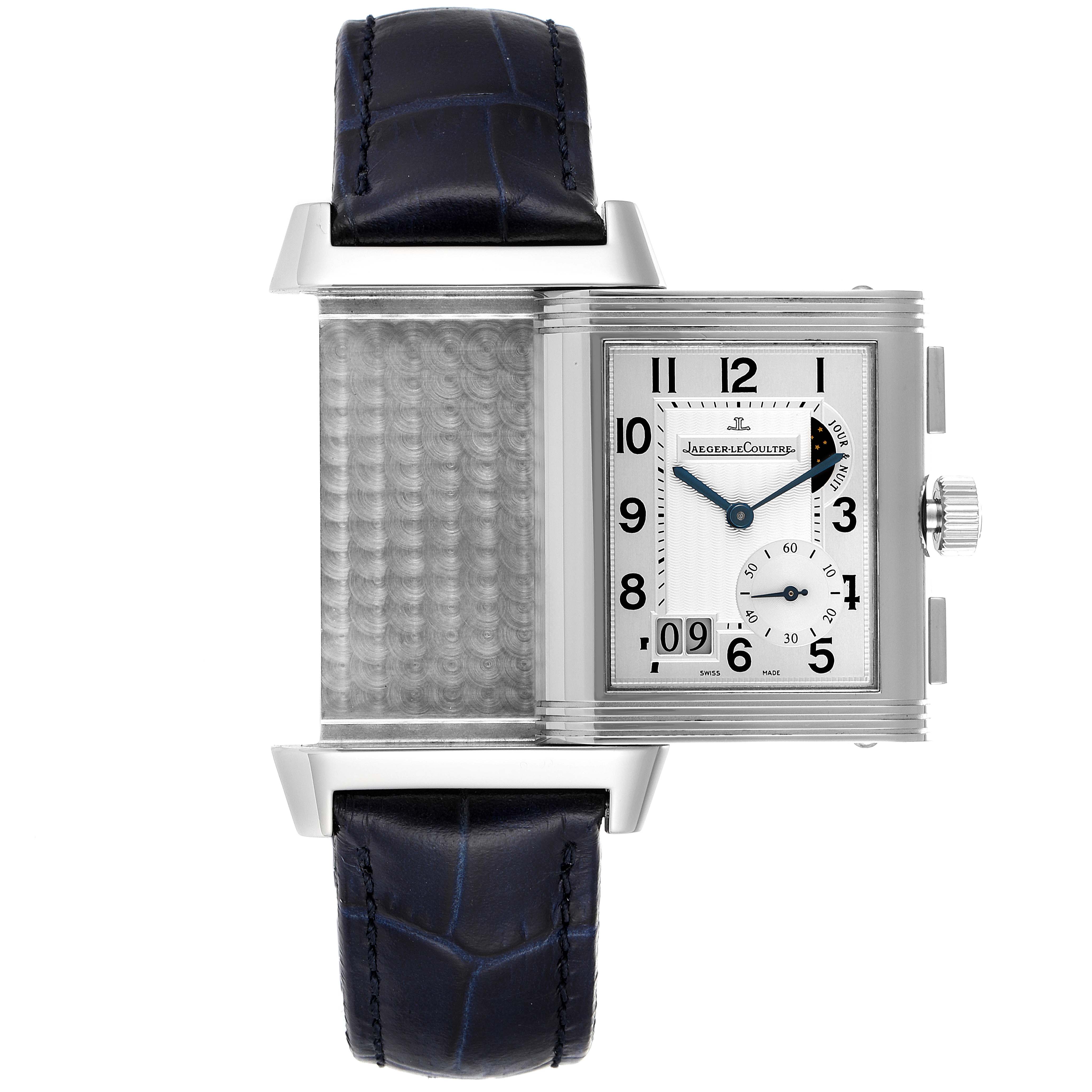 This image shows the Jaeger LeCoultre Reverso Q3028420 Men's Stainless Steel Silver Dial Q3028420 Men's Stainless Steel Silver Dial watch in a partially flipped position, revealing the watch face and intricate case back.