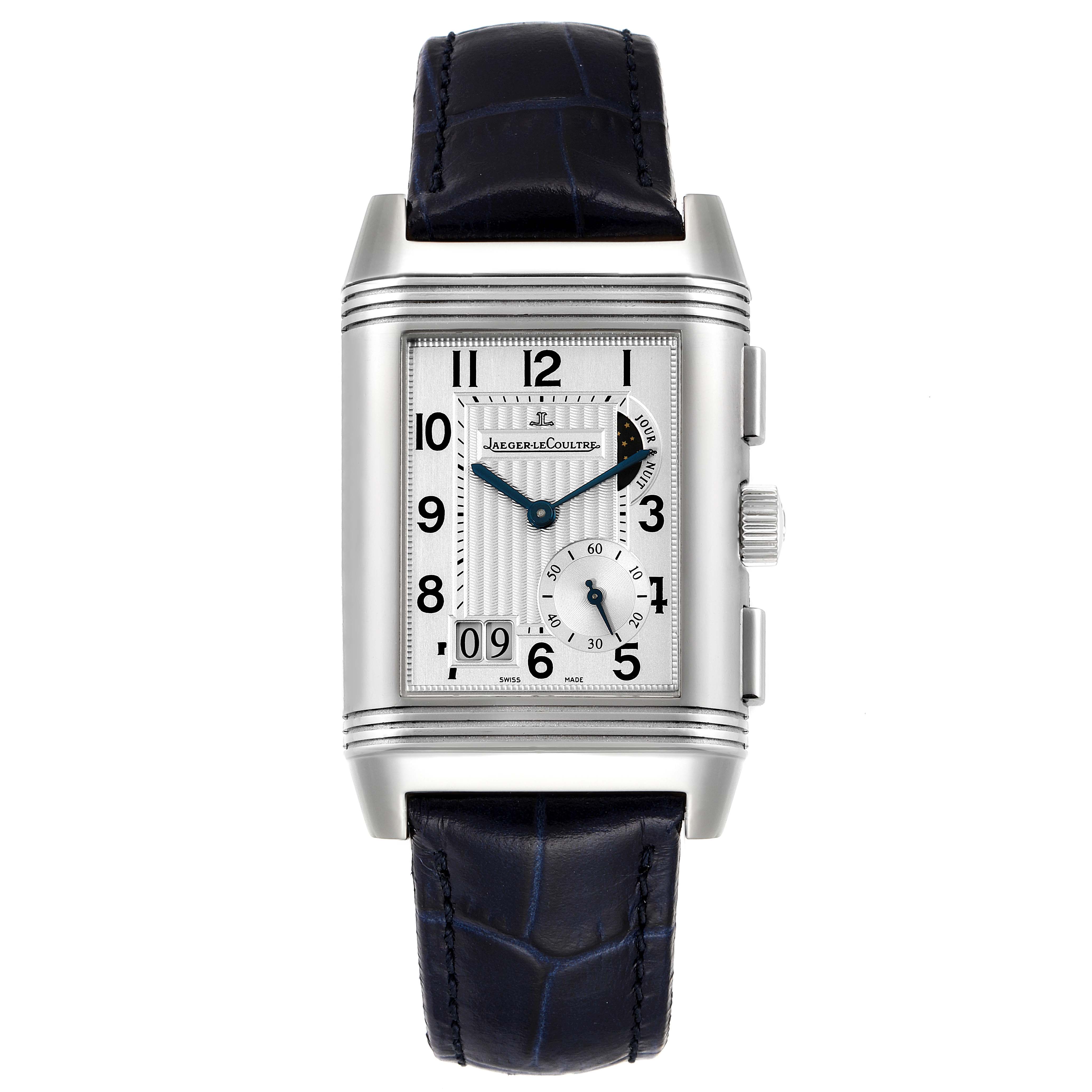 The image shows a front view of the Jaeger-LeCoultre Reverso model watch, displaying its rectangular face, numerals, and dark strap.