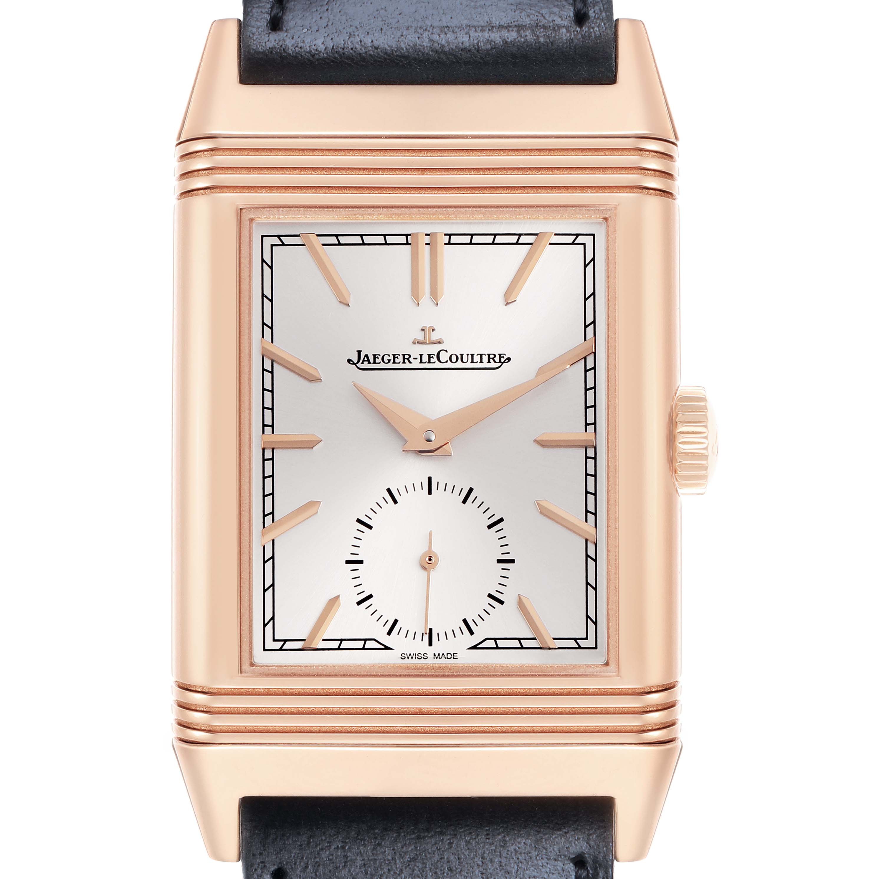 The Jaeger LeCoultre Reverso Q7132521 Men's Rose Gold Silver Dial is shown from the front, highlighting the face, case, and crown.