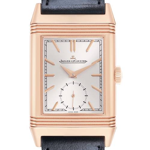 The image shows a frontal view of the Jaeger LeCoultre Reverso Q7132521 Men's Rose Gold Silver Dial watch, highlighting the dial, hands, and case details.
