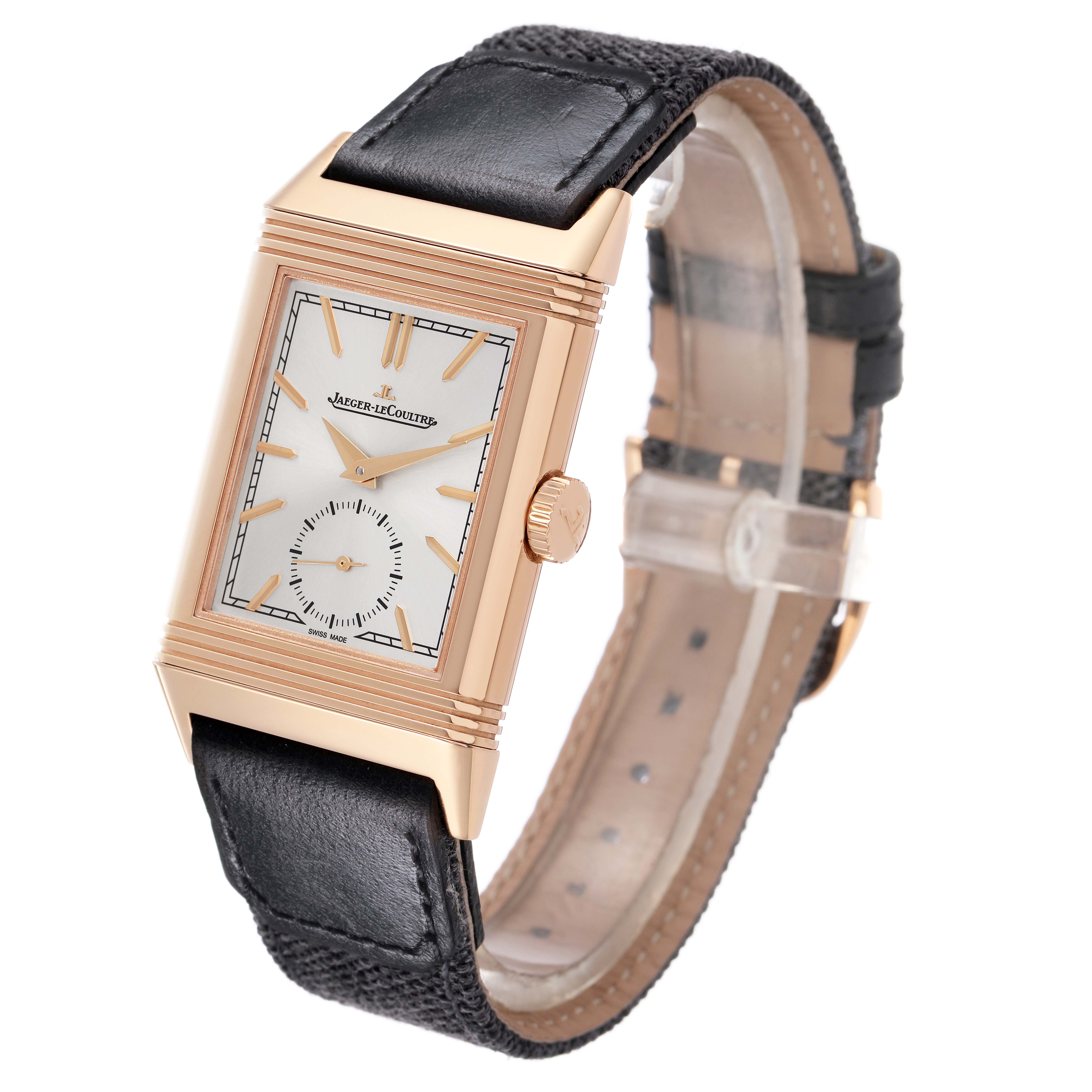 The Jaeger LeCoultre Reverso Q7132521 Men's Rose Gold Silver Dial watch is shown at an angled view, displaying the face, crown, and leather strap.