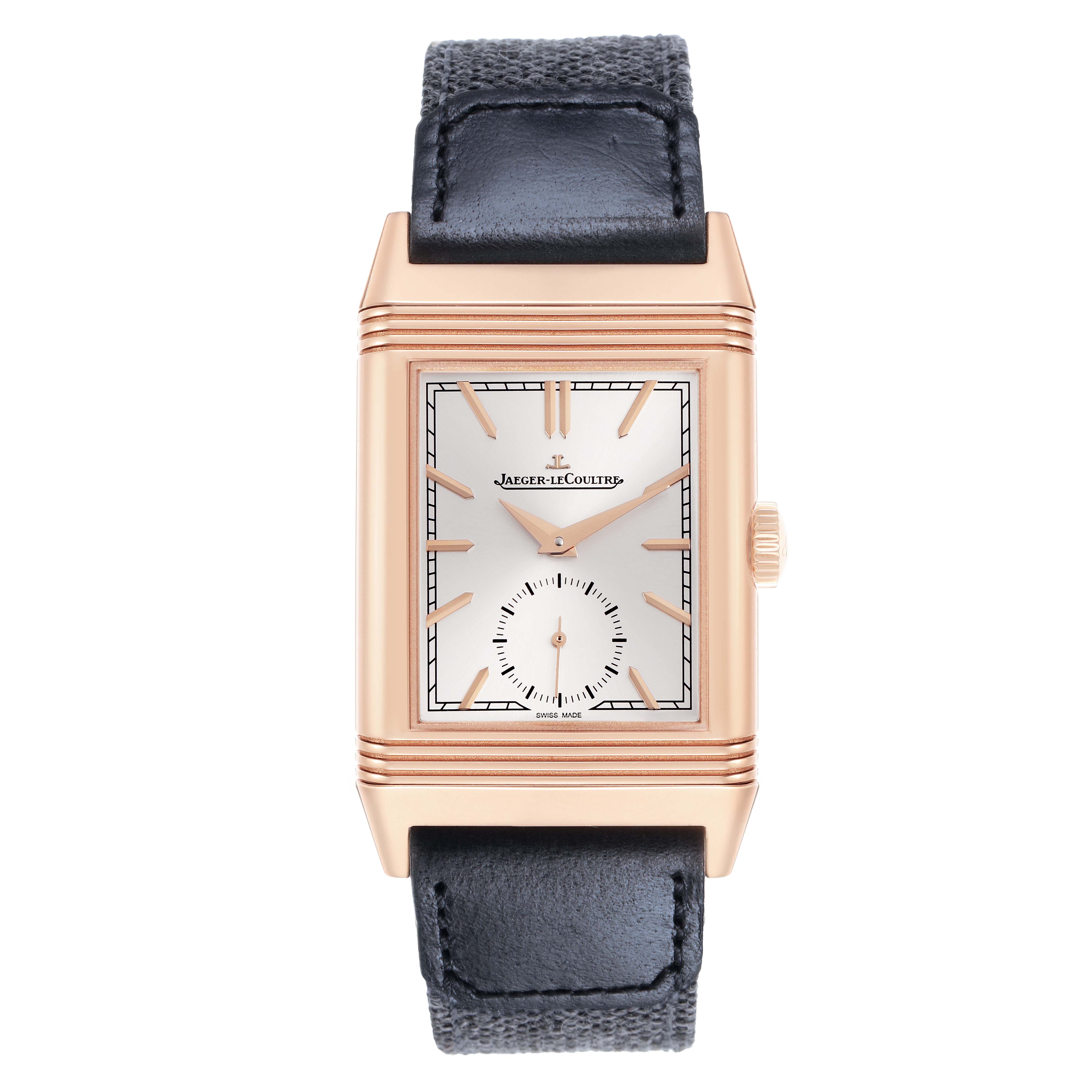 The Jaeger-LeCoultre Reverso watch is shown from the front, highlighting its rectangular dial and black leather strap.