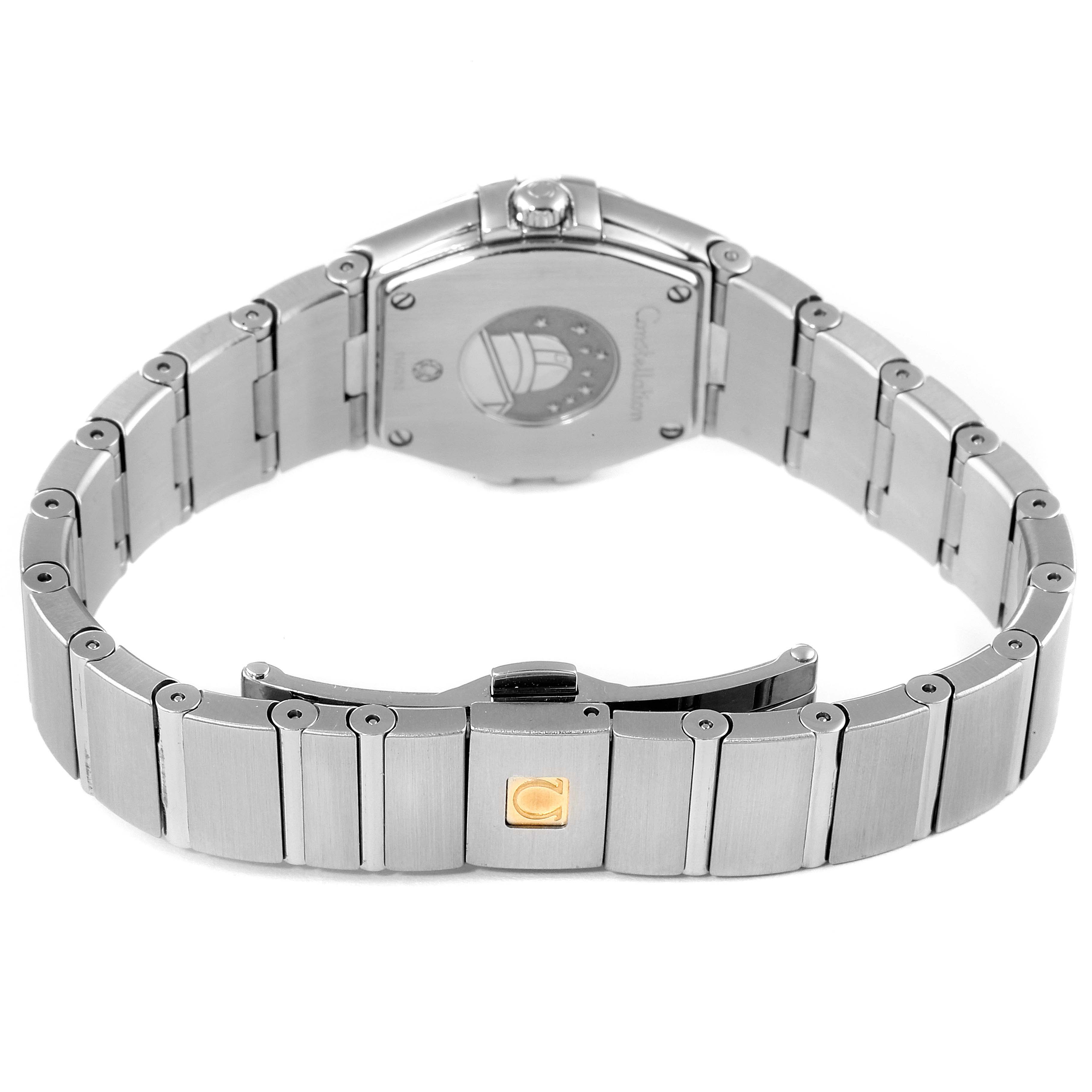 The image shows the back and clasp side of the Omega 123.15.24.60.03.001 Women's Stainless Steel Blue Dial 123.15.24.60.03.001 Women's Stainless Steel Blue Dial Constellation Orbis Star Steel Diamond Ladies Watch model 123.15.24.60.03.001.