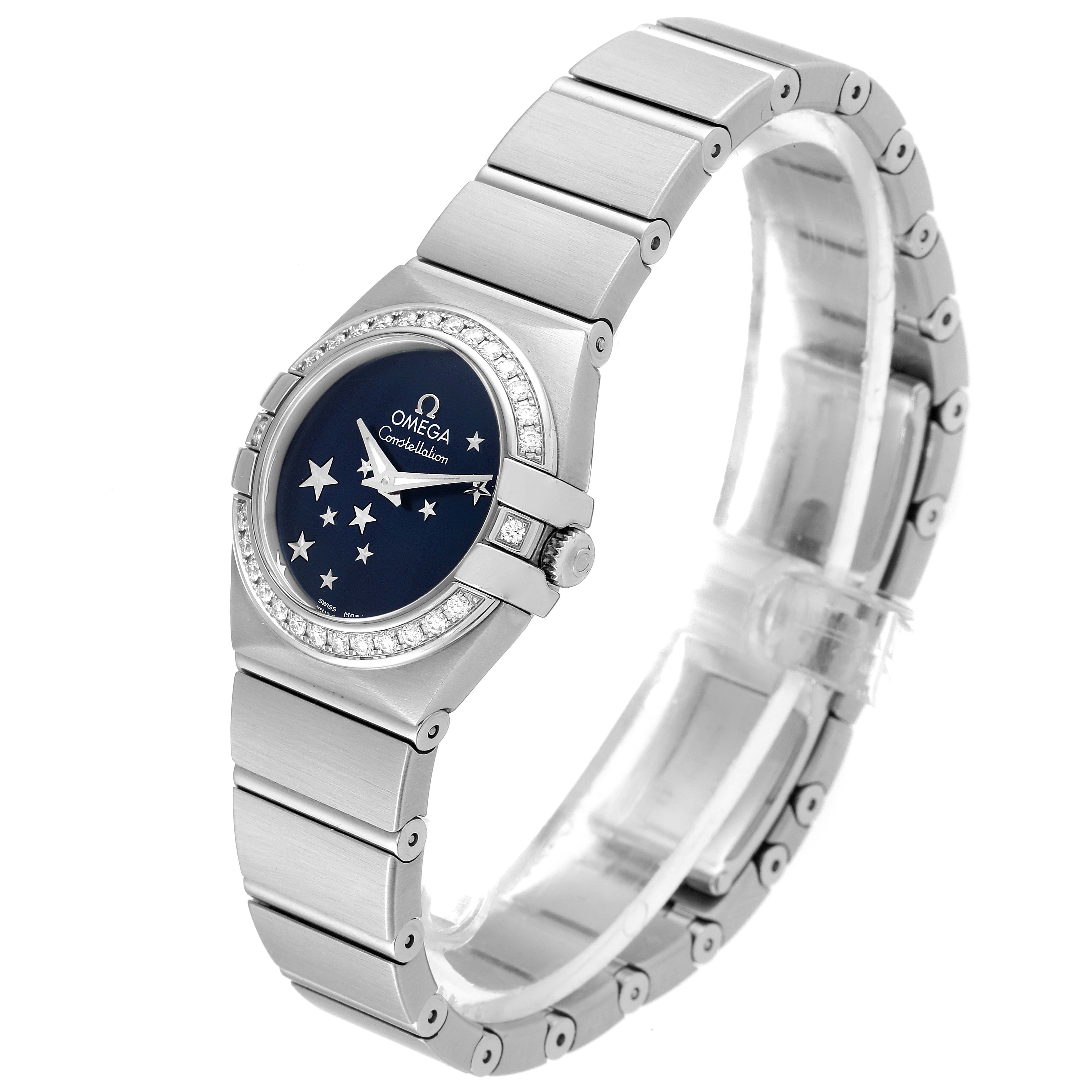 The image shows an angled side view of the Omega 123.15.24.60.03.001 Women's Stainless Steel Blue Dial 123.15.24.60.03.001 Women's Stainless Steel Blue Dial Constellation Orbis Star Steel Diamond Ladies Watch 123.15.24.60.03.001.