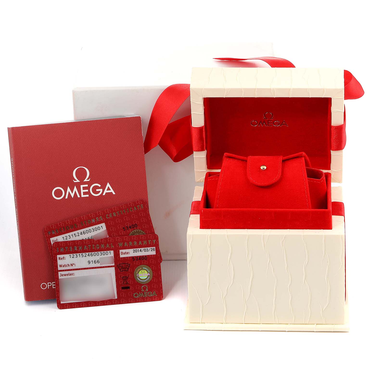 The image shows the box, warranty card, and user manual for the Omega 123.15.24.60.03.001 Women's Stainless Steel Blue Dial 123.15.24.60.03.001 Women's Stainless Steel Blue Dial Constellation Orbis Star Steel Diamond Ladies Watch model 123.15.24.60.03.001.