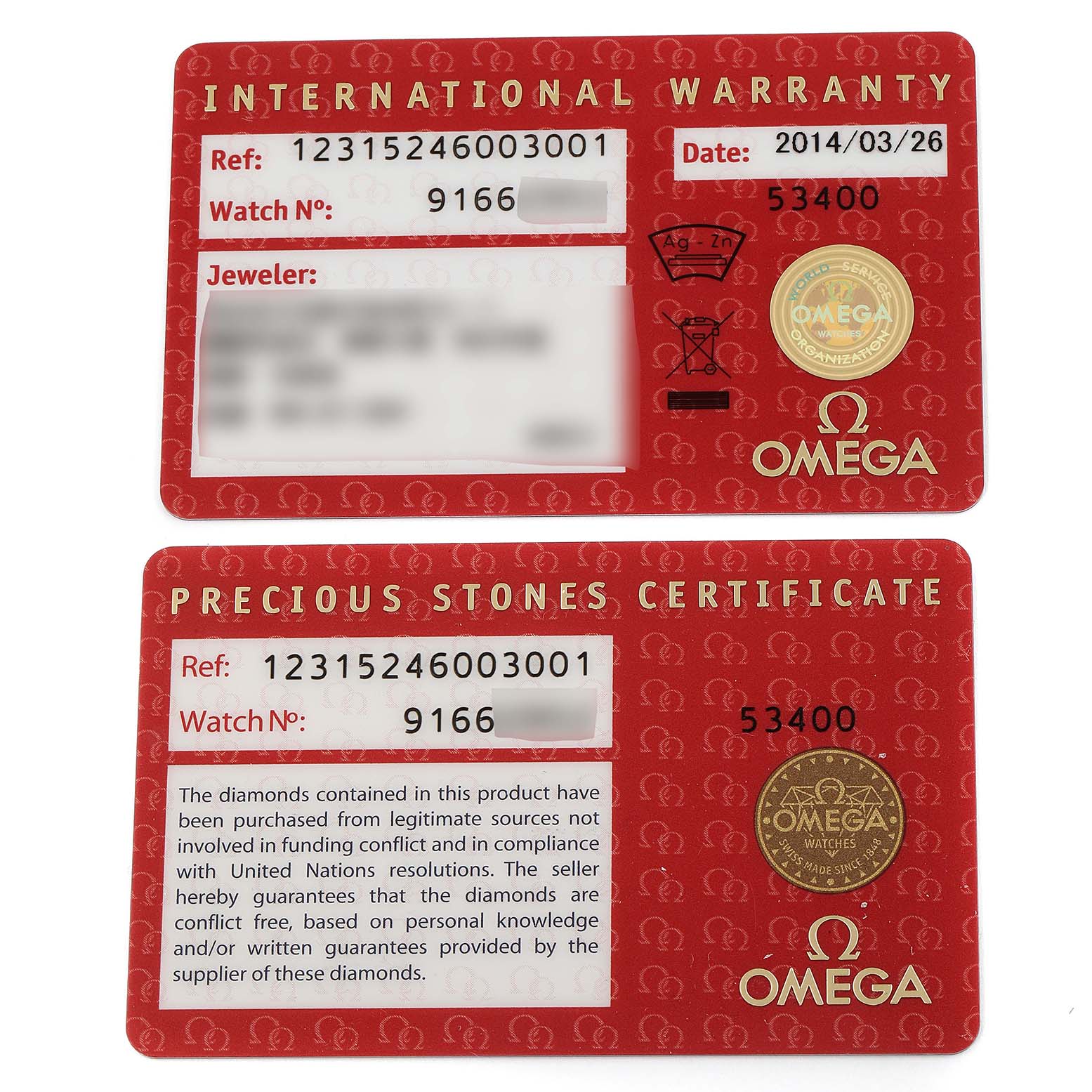 The image shows the international warranty card and precious stones certificate for the Omega 123.15.24.60.03.001 Women's Stainless Steel Blue Dial 123.15.24.60.03.001 Women's Stainless Steel Blue Dial Constellation Orbis Star Steel Diamond Ladies Watch 123.15.24.60.03.001.