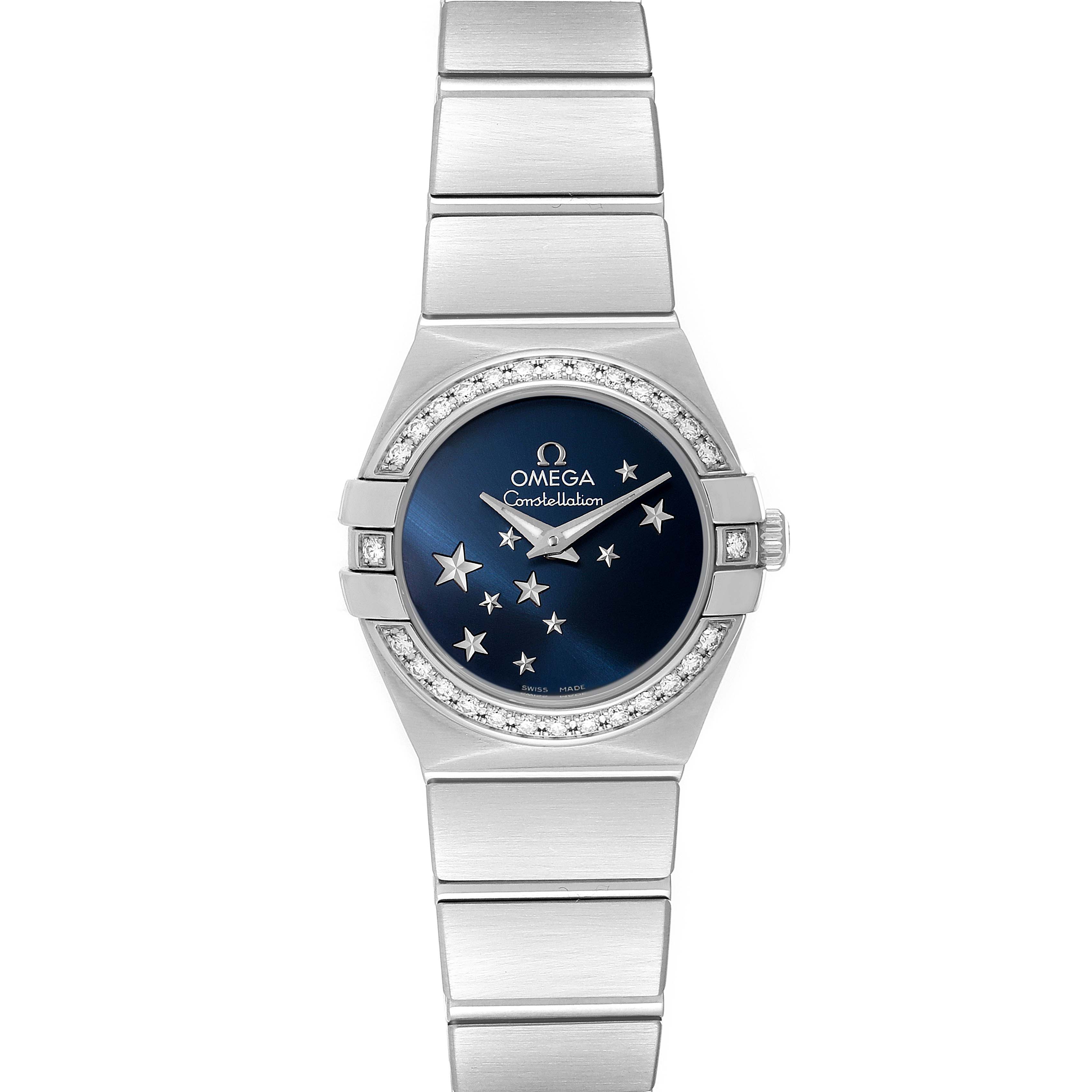 The image shows a front view of the Omega 123.15.24.60.03.001 Women's Stainless Steel Blue Dial 123.15.24.60.03.001 Women's Stainless Steel Blue Dial Constellation Orbis Star Steel Diamond Ladies Watch 123.15.24.60.03.001.