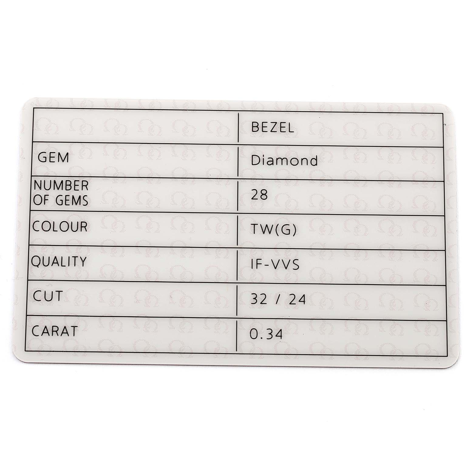 This image shows a close-up of the card detailing diamond specifics for the Omega 123.15.24.60.03.001 Women's Stainless Steel Blue Dial 123.15.24.60.03.001 Women's Stainless Steel Blue Dial Constellation Orbis Star Steel Diamond Ladies Watch 123.15.24.60.03.001.