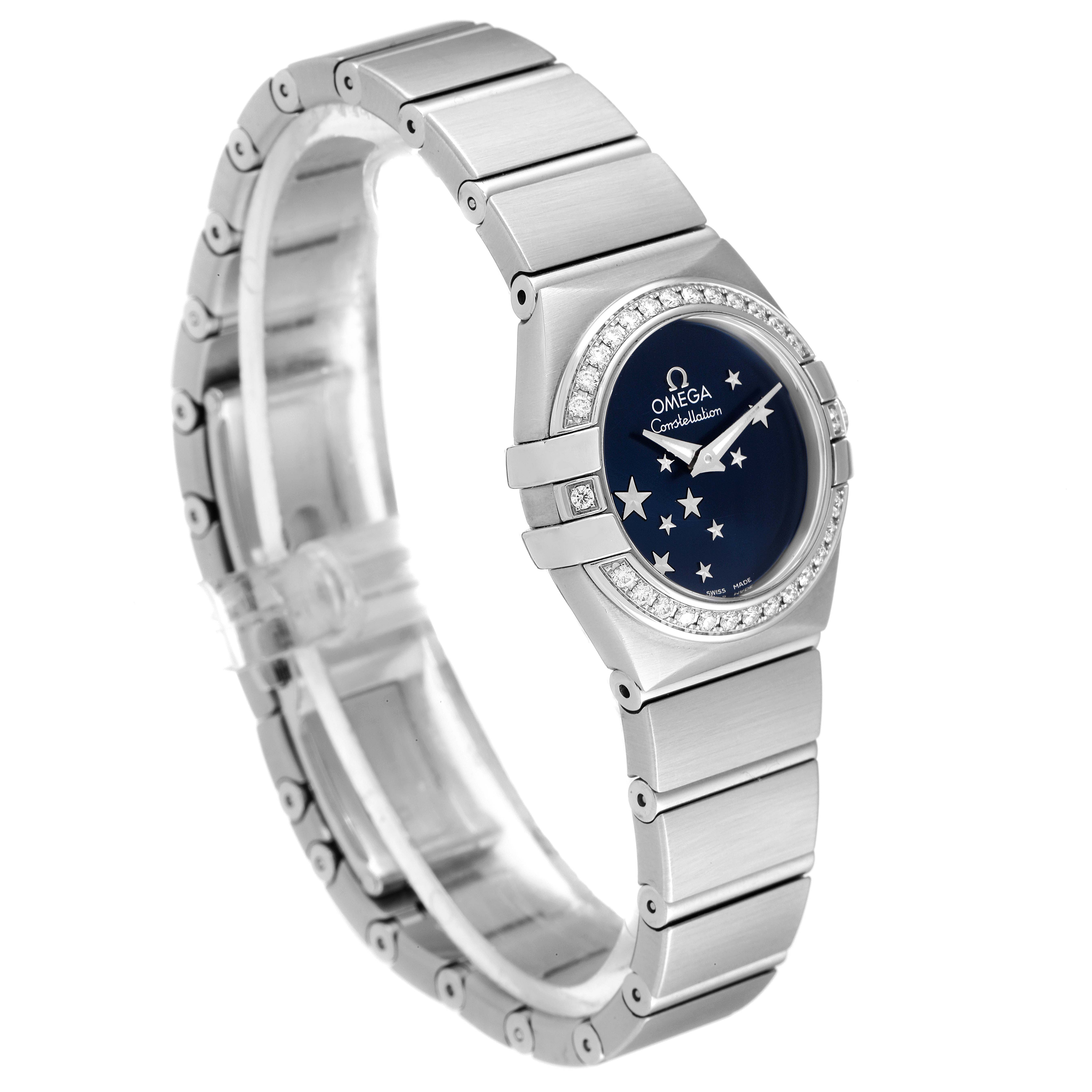 The image shows an Omega 123.15.24.60.03.001 Women's Stainless Steel Blue Dial 123.15.24.60.03.001 Women's Stainless Steel Blue Dial Constellation Orbis Star Steel Diamond Ladies Watch 123.15.24.60.03.001 from a side angle.