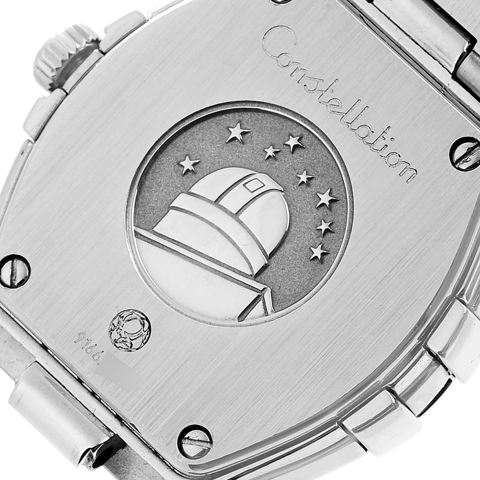 The image shows the back case of the Omega 123.15.24.60.03.001 Women's Stainless Steel Blue Dial 123.15.24.60.03.001 Women's Stainless Steel Blue Dial Constellation Orbis Star Steel Diamond Ladies Watch 123.15.24.60.03.001.