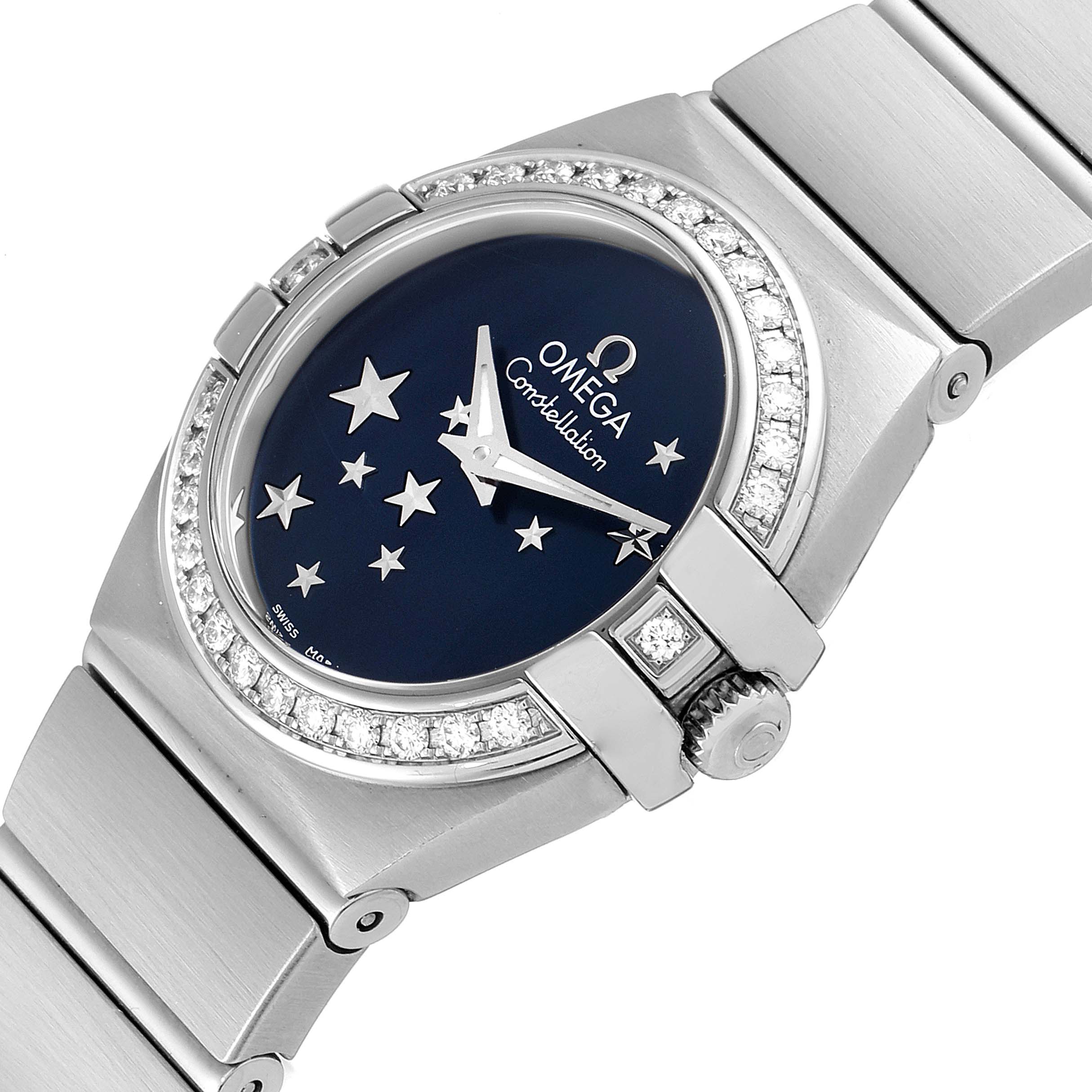 The image shows a top view of the Omega 123.15.24.60.03.001 Women's Stainless Steel Blue Dial 123.15.24.60.03.001 Women's Stainless Steel Blue Dial Constellation Orbis Star Steel Diamond Ladies Watch 123.15.24.60.03.001.
