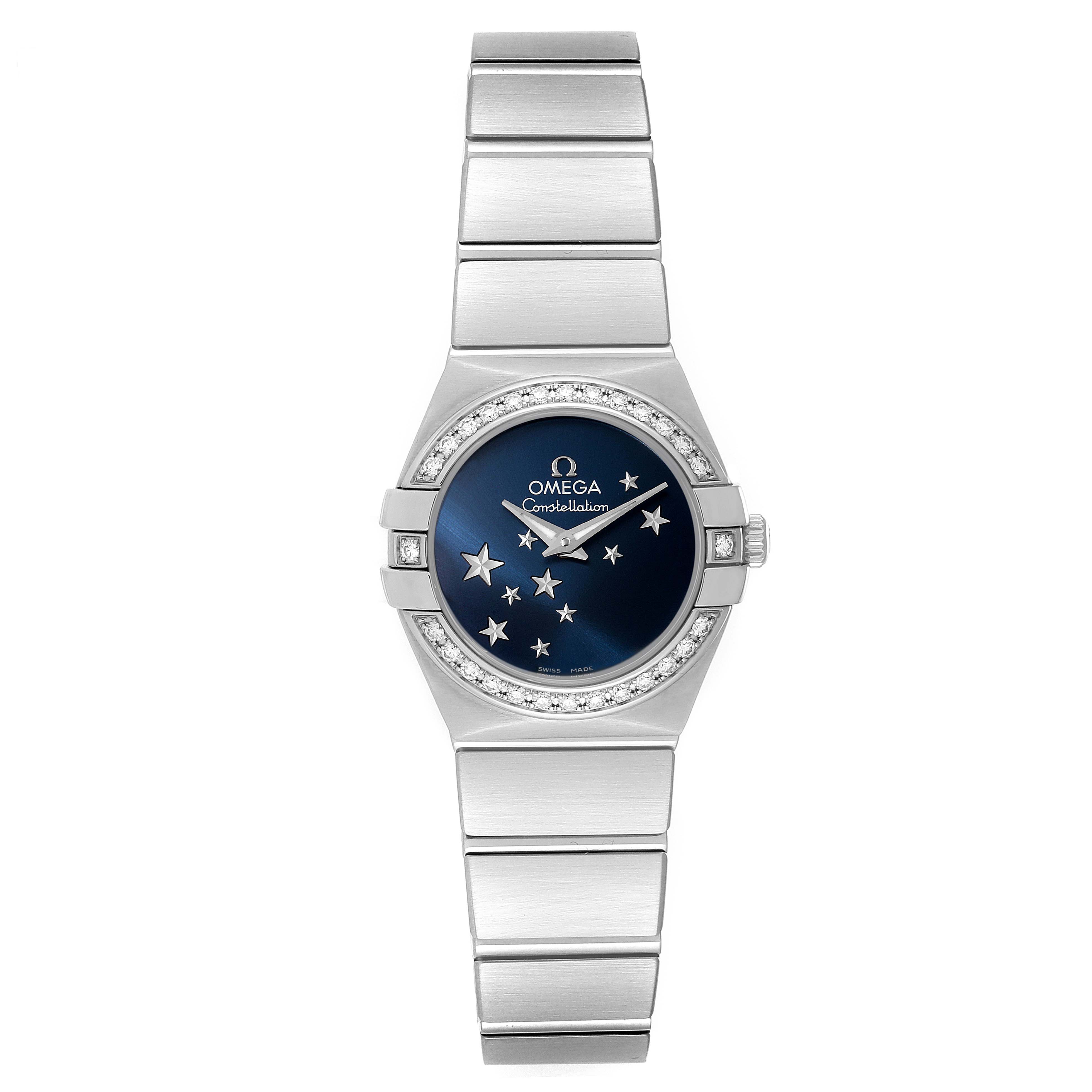 This image shows a front view of the Omega 123.15.24.60.03.001 Women's Stainless Steel Blue Dial 123.15.24.60.03.001 Women's Stainless Steel Blue Dial Constellation Orbis Star Steel Diamond Ladies Watch 123.15.24.60.03.001.