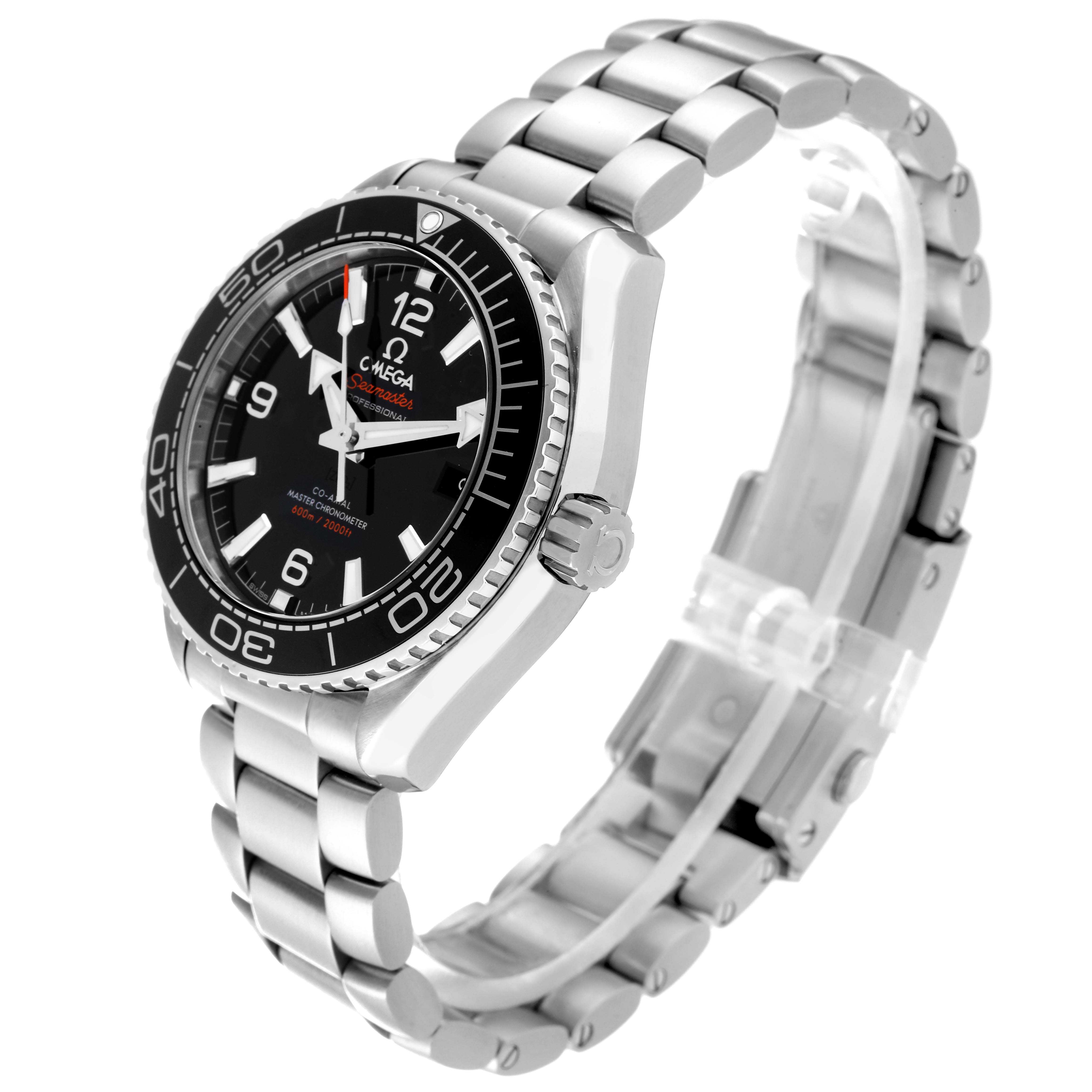 The Omega Planet Ocean 215.30.40.20.01.001 Men
s Stainless Steel Black Dial 215.30.40.20.01.001 Men
s Stainless Steel Black Dial watch is shown from a three-quarter angle, displaying the bezel, dial, crown, and bracelet.