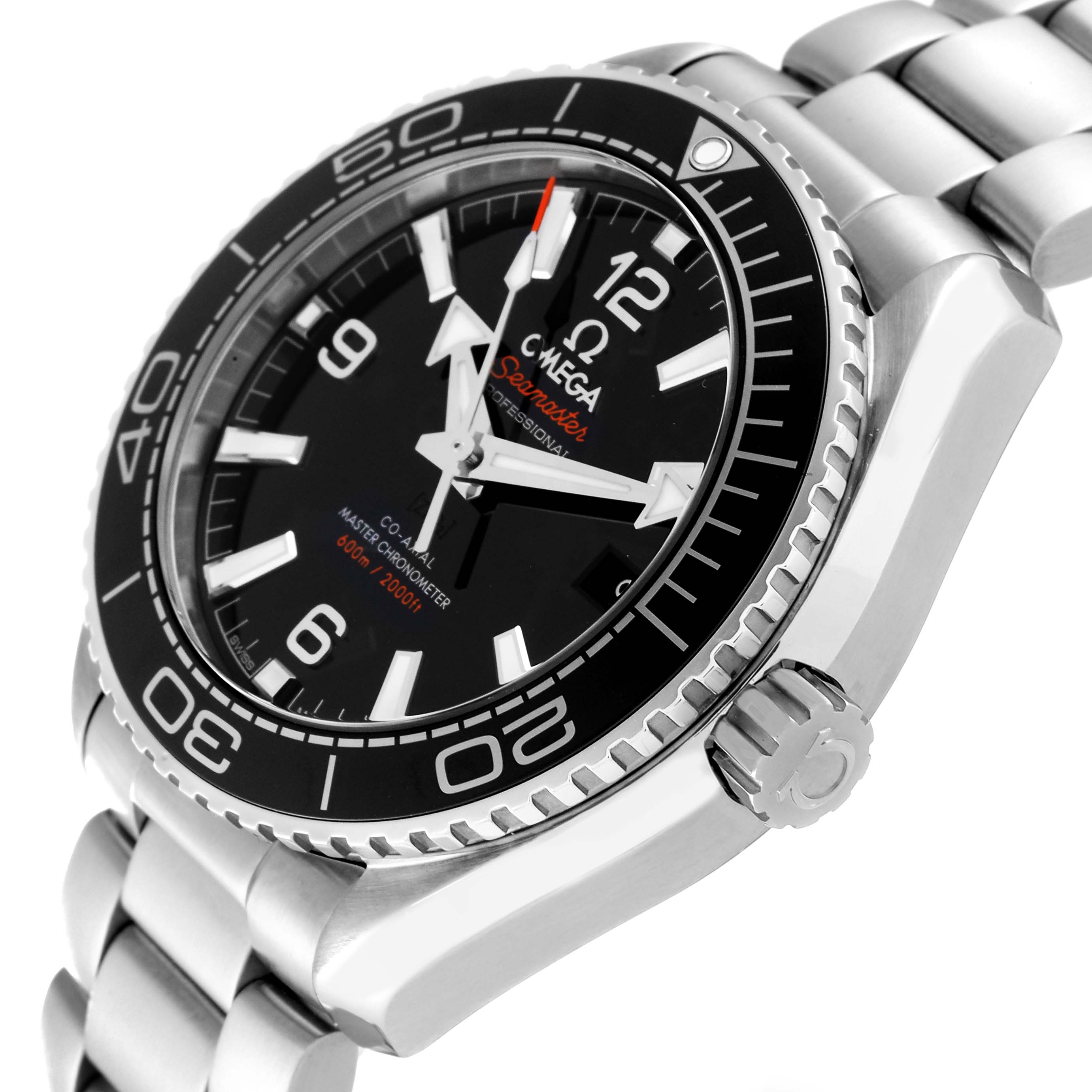 This image shows an angled view of the Omega Planet Ocean 215.30.40.20.01.001 Men
s Stainless Steel Black Dial 215.30.40.20.01.001 Men
s Stainless Steel Black Dial watch, highlighting the face, bezel, crown, and part of the bracelet.