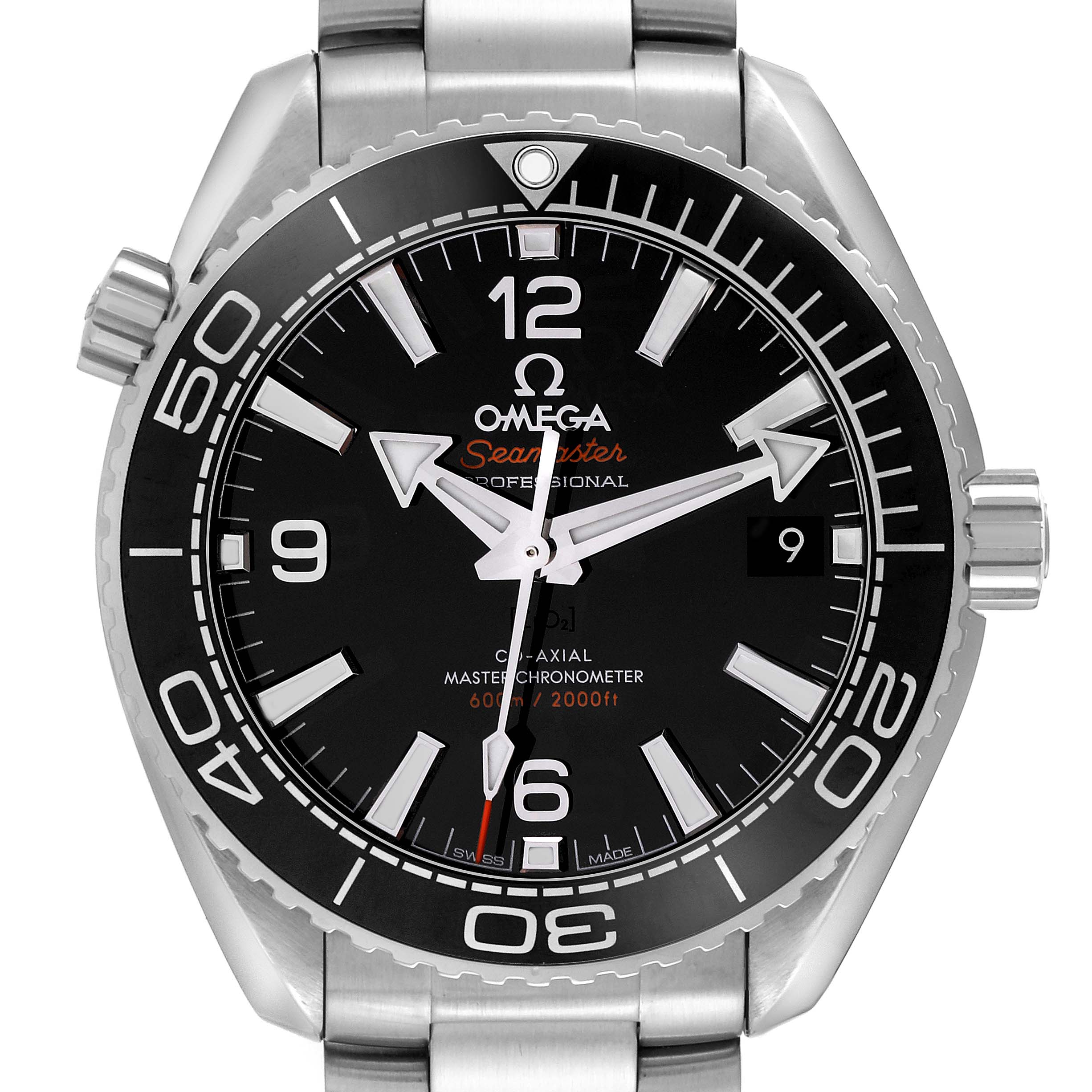 This image shows a frontal view of the Omega Planet Ocean 215.30.40.20.01.001 Men
s Stainless Steel Black Dial 215.30.40.20.01.001 Men
s Stainless Steel Black Dial watch, highlighting the dial, bezel, and part of the bracelet.