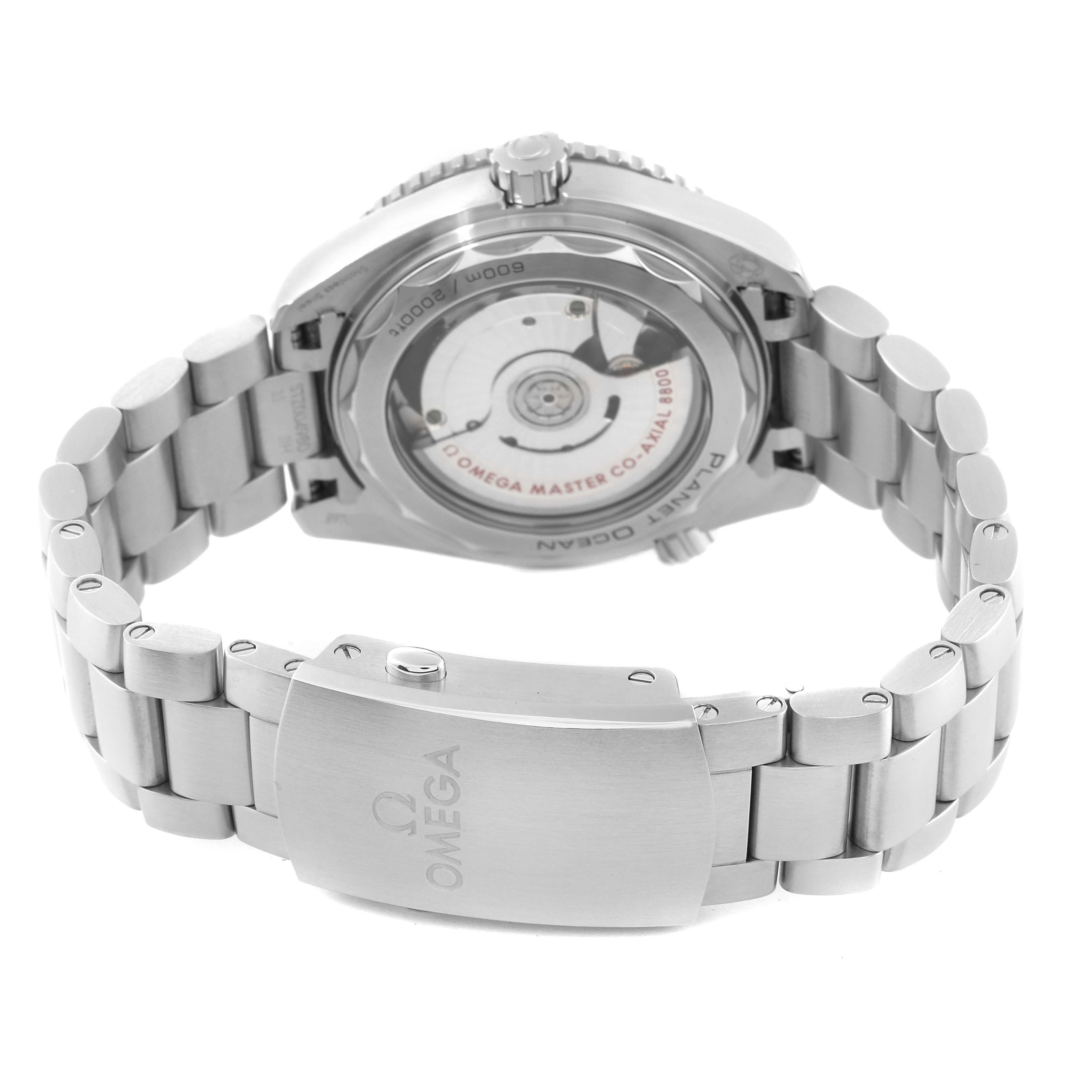 The image shows the back view of an Omega Planet Ocean 215.30.40.20.01.001 Men
s Stainless Steel Black Dial 215.30.40.20.01.001 Men
s Stainless Steel Black Dial watch, highlighting its case back and stainless steel bracelet.