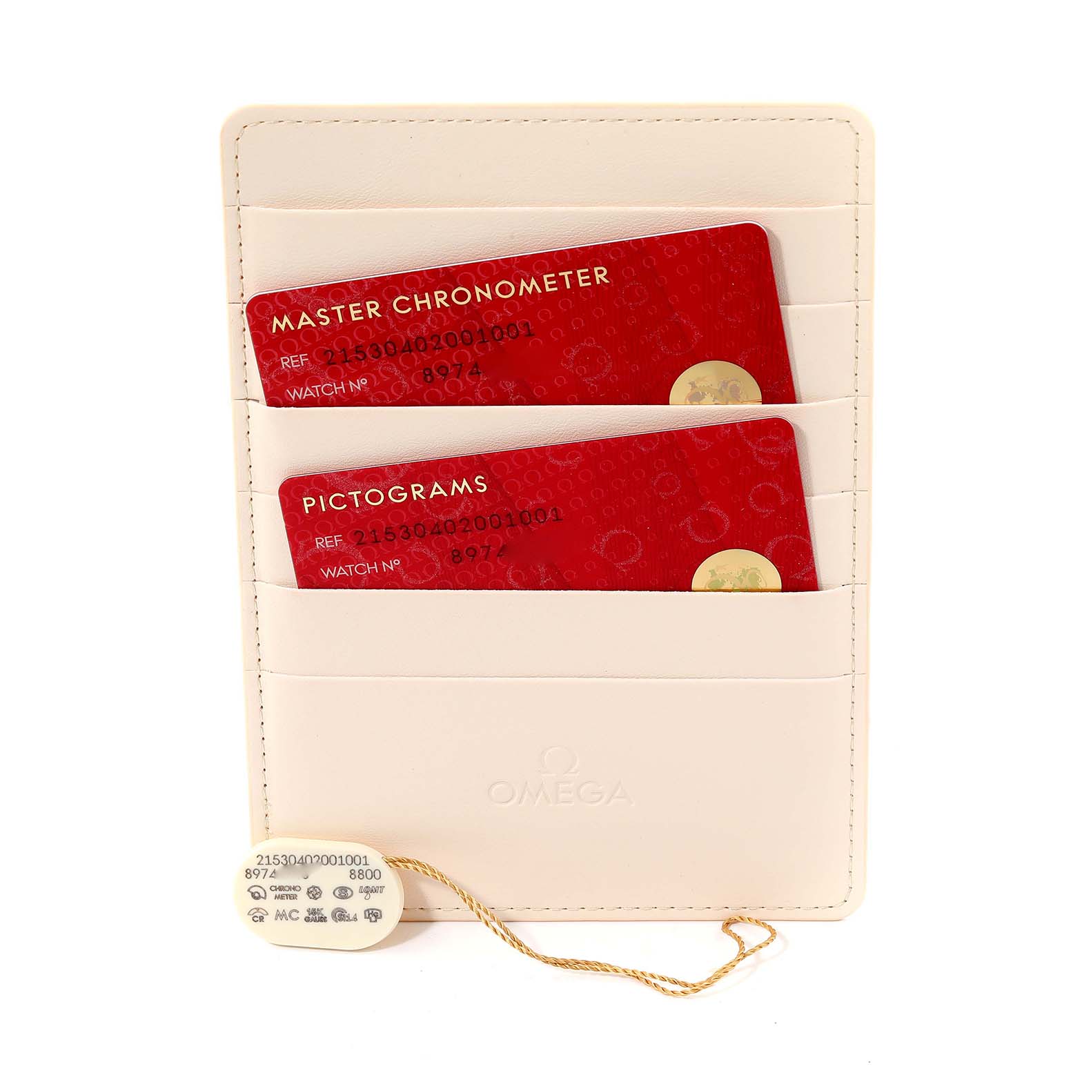 The image shows the warranty card holder, red cards, and hangtag for the Omega Planet Ocean 215.30.40.20.01.001 Men
s Stainless Steel Black Dial 215.30.40.20.01.001 Men
s Stainless Steel Black Dial model.