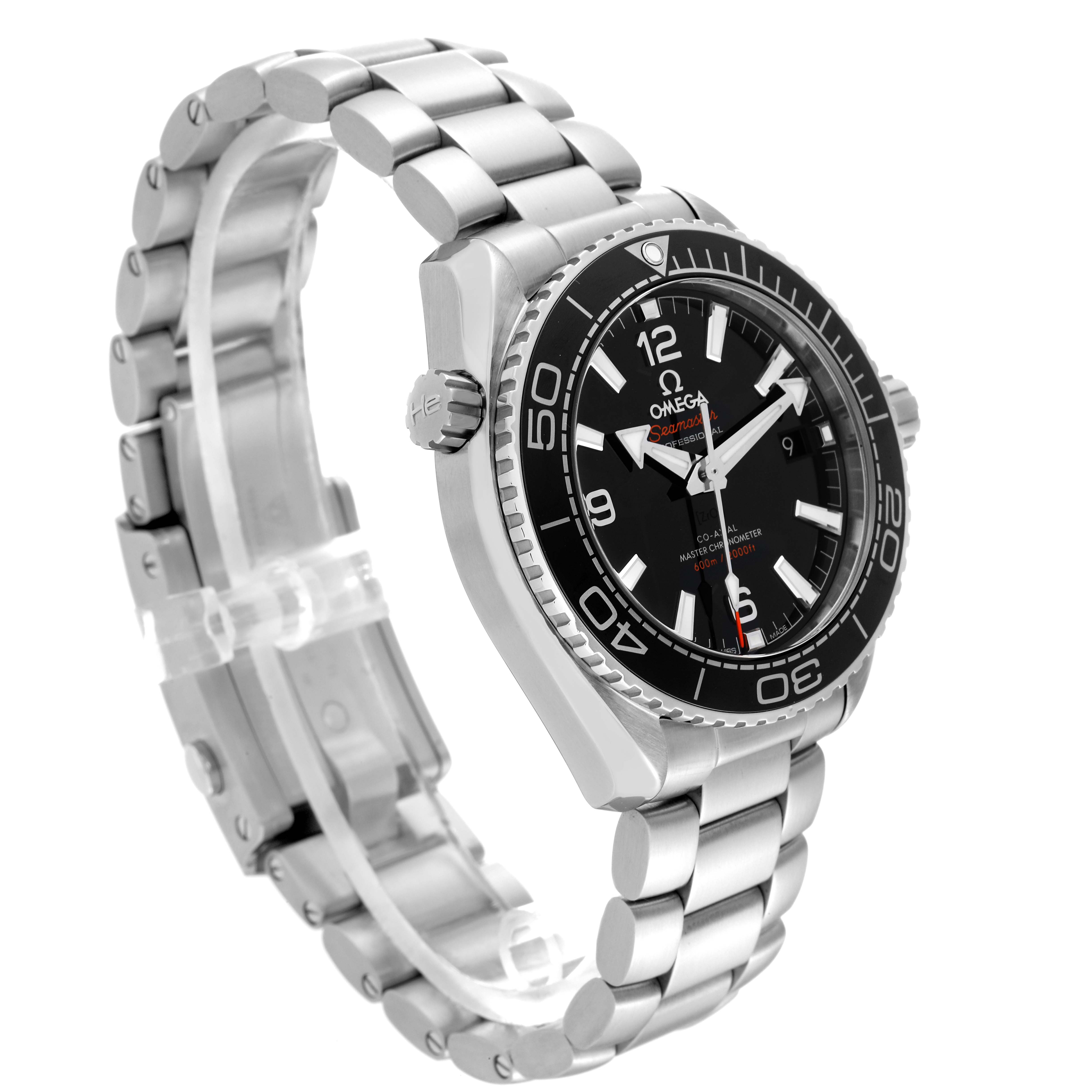 The Omega Planet Ocean 215.30.40.20.01.001 Men
s Stainless Steel Black Dial 215.30.40.20.01.001 Men
s Stainless Steel Black Dial watch is shown at a three-quarter angle, highlighting the face, bezel, and metal bracelet.