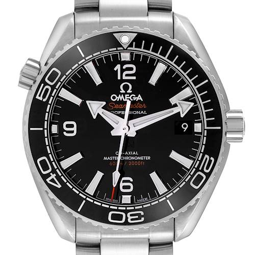 This image shows a front view of the Omega Planet Ocean watch, highlighting its dial, bezel, and crown.