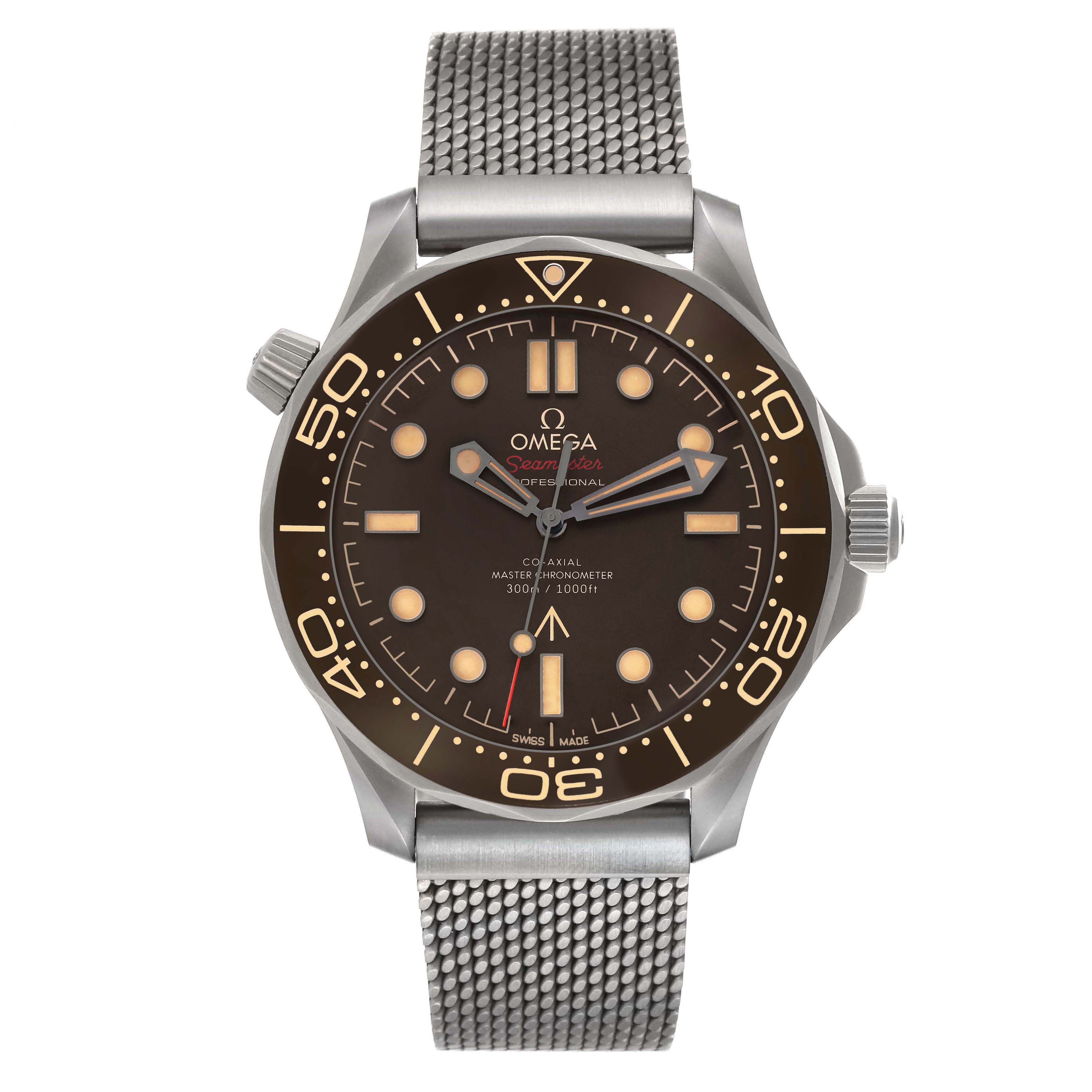 The Omega Seamaster 210.90.42.20.01.001 Men
s Titanium Brown Dial watch is shown from a front angle, displaying the face, bezel, crown, and mesh bracelet.
