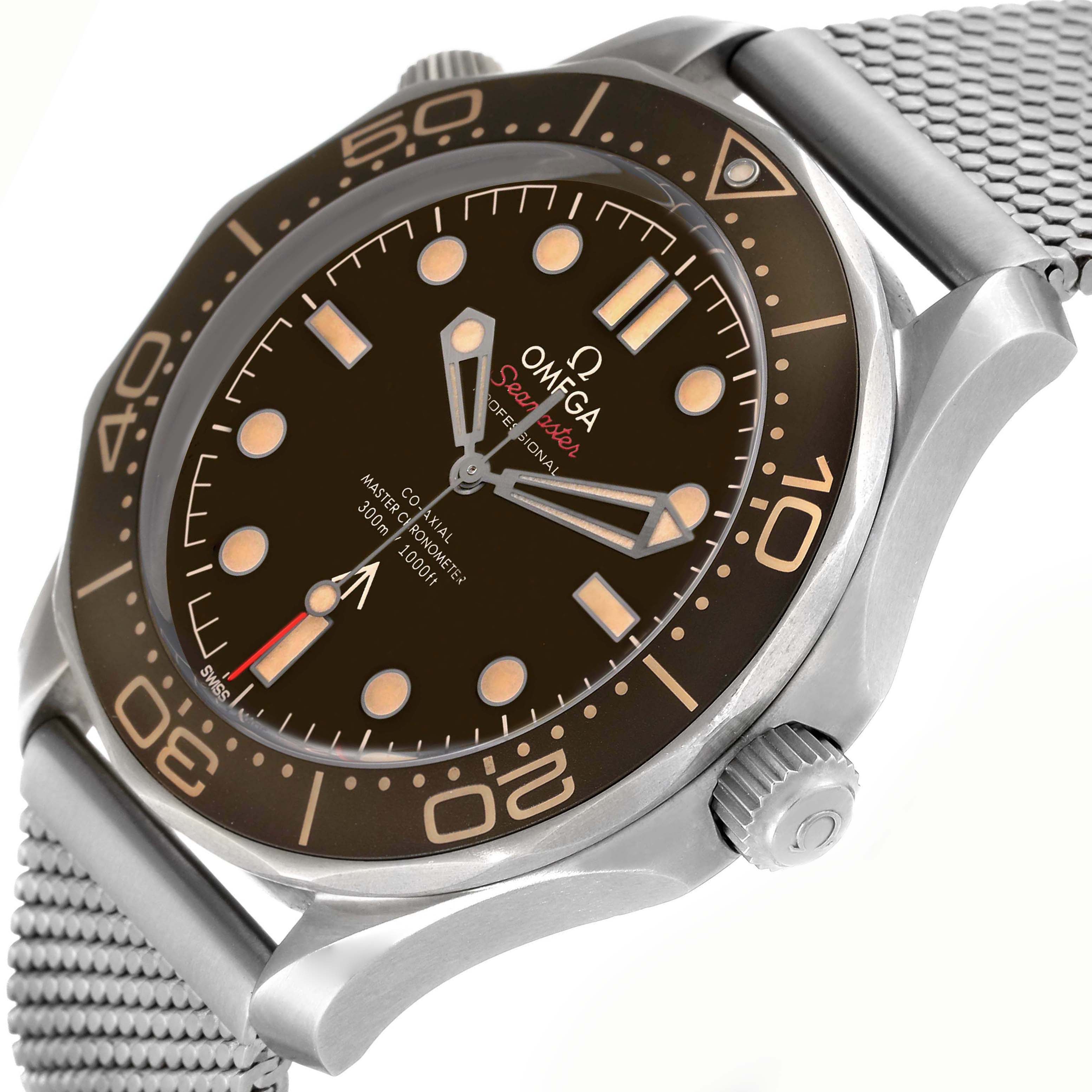 The Omega Seamaster 210.90.42.20.01.001 Men
s Titanium Brown Dial watch is shown from a three-quarter angle displaying the dial, bezel, crown, and part of the strap.