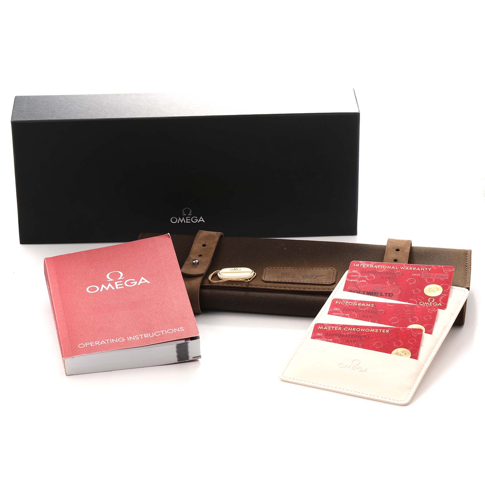 The image shows the Omega Seamaster 210.90.42.20.01.001 Men
s Titanium Brown Dial packaging including a box, a watch pouch, operating instructions, and warranty cards.