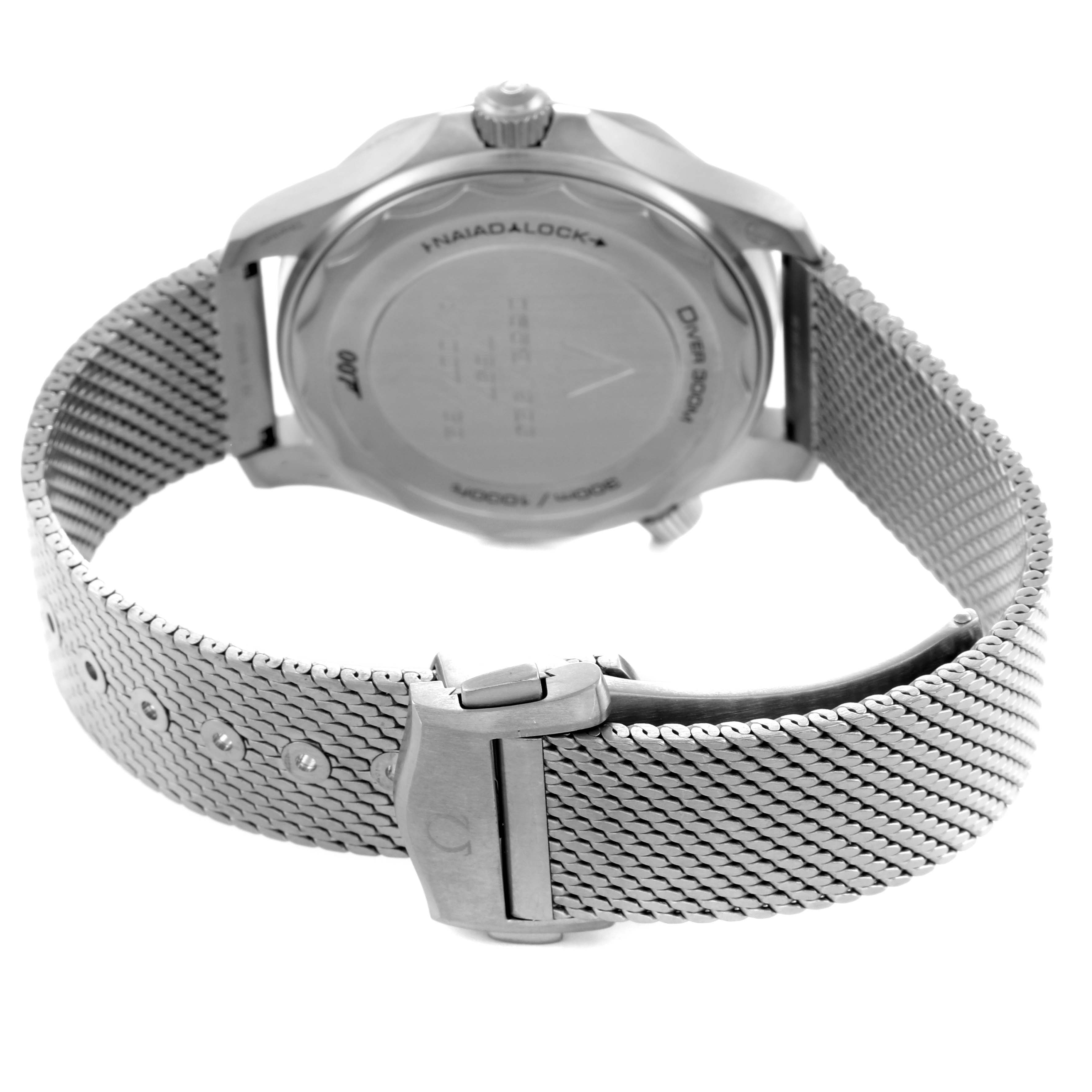 The image shows the back of the Omega Seamaster 210.90.42.20.01.001 Men
s Titanium Brown Dial watch, focusing on its clasp and mesh bracelet.