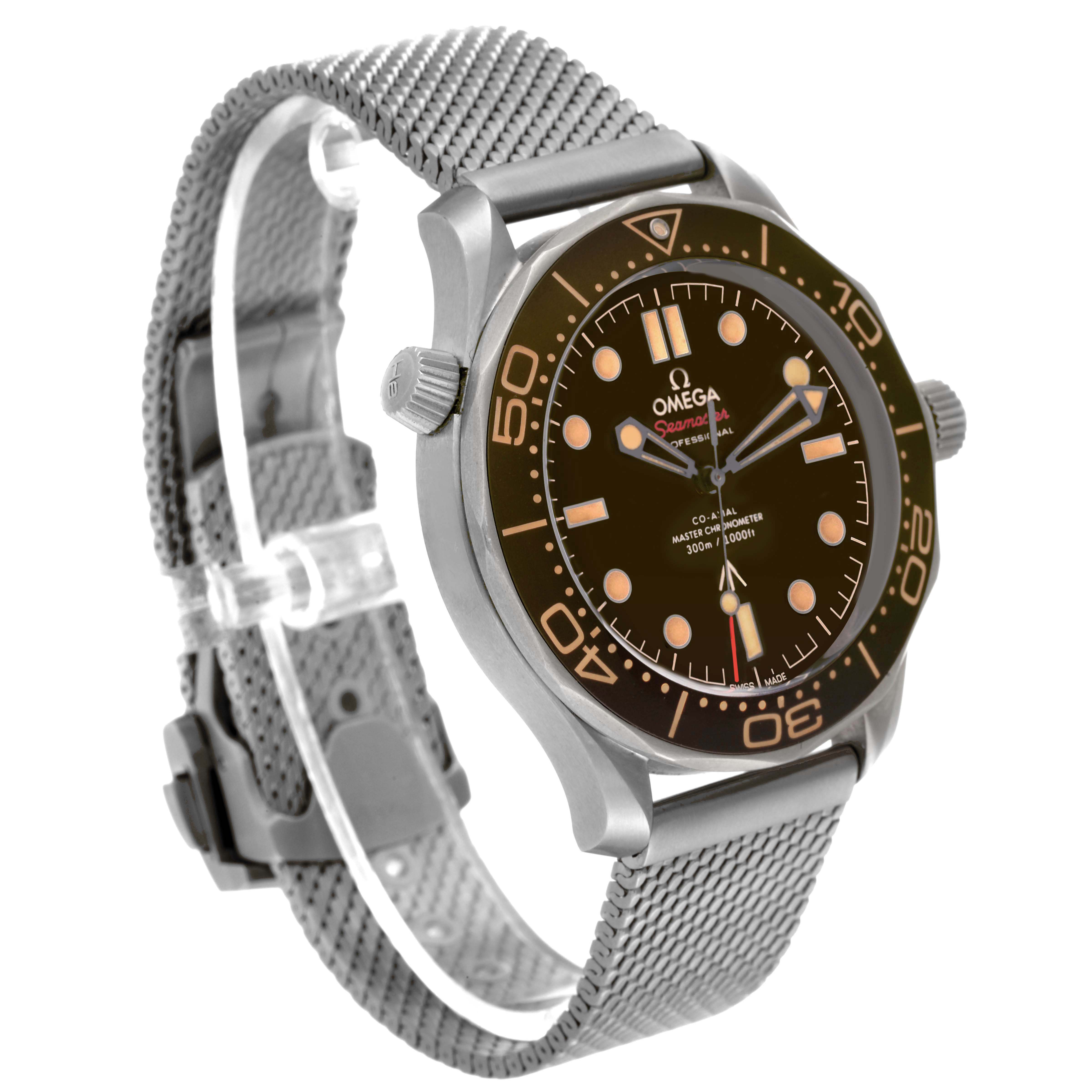 This Omega Seamaster 210.90.42.20.01.001 Men
s Titanium Brown Dial watch is shown at a three-quarter front angle, highlighting the face, bezel, crown, and mesh strap.