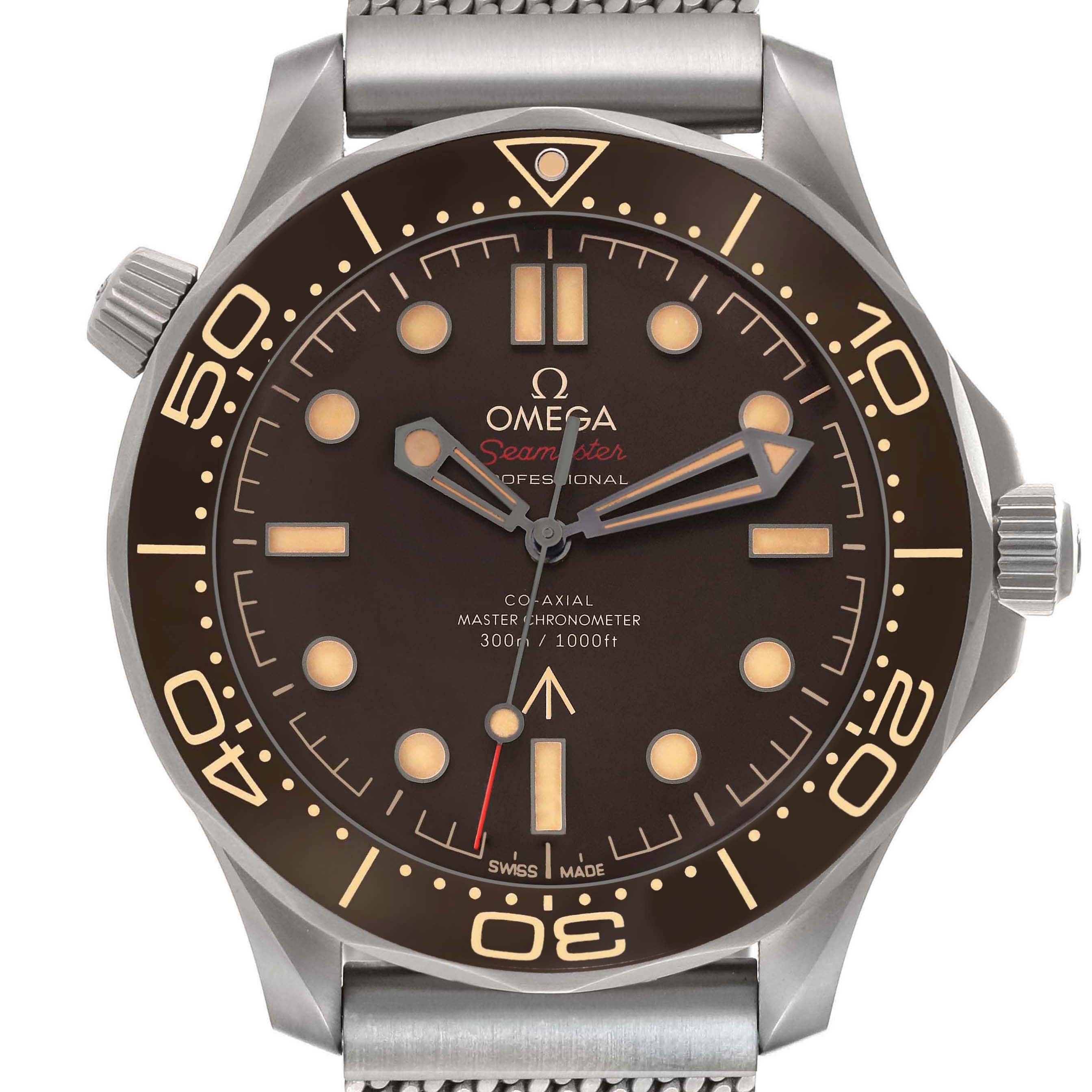 The Omega Seamaster 210.90.42.20.01.001 Men
s Titanium Brown Dial watch is shown from a front angle, highlighting the dial, bezel, hands, and part of the strap.