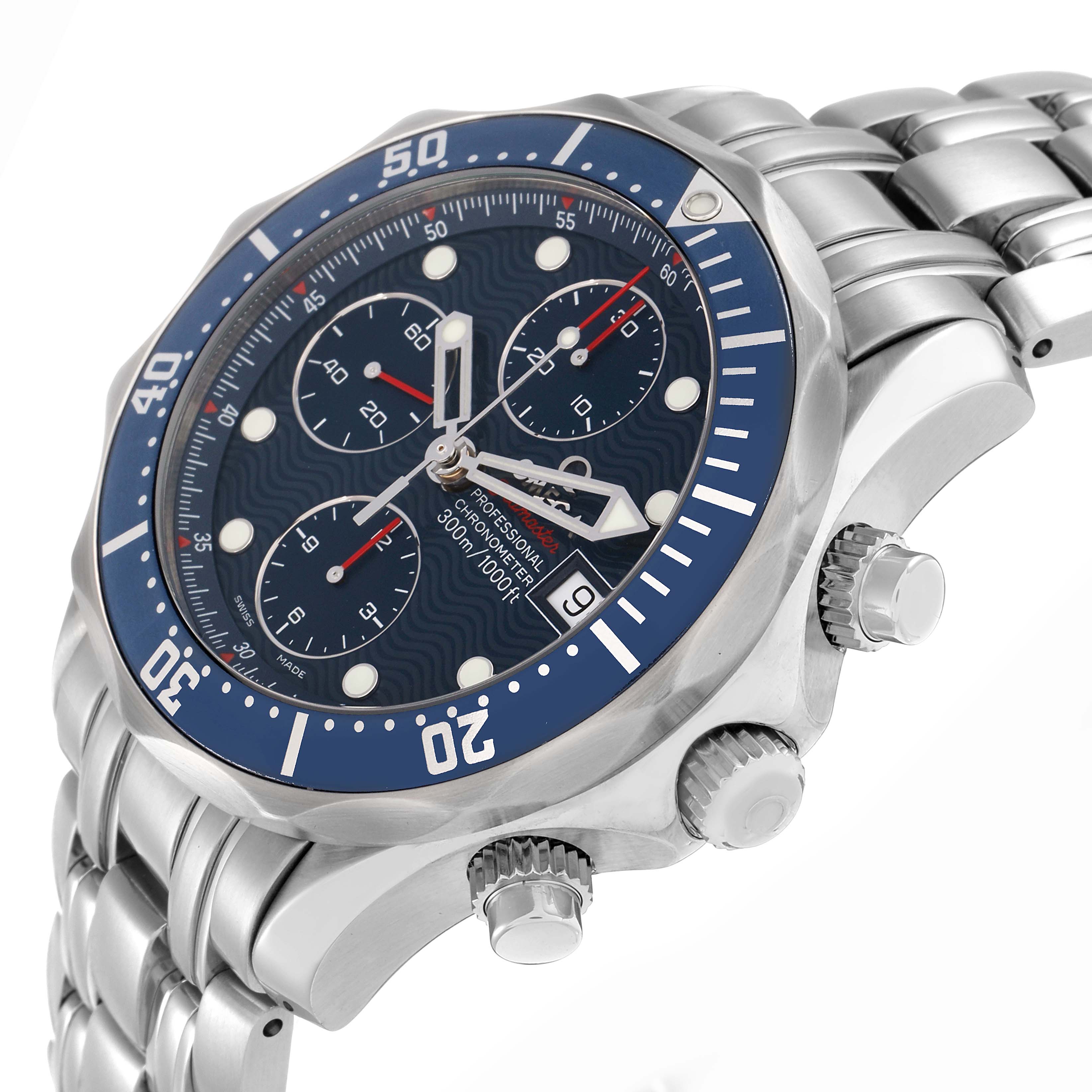 The Omega Seamaster 2225.80.00 Men
s Stainless Steel Blue Dial watch is shown from an angled side view, highlighting the face, bezel, crown, pushers, and bracelet.