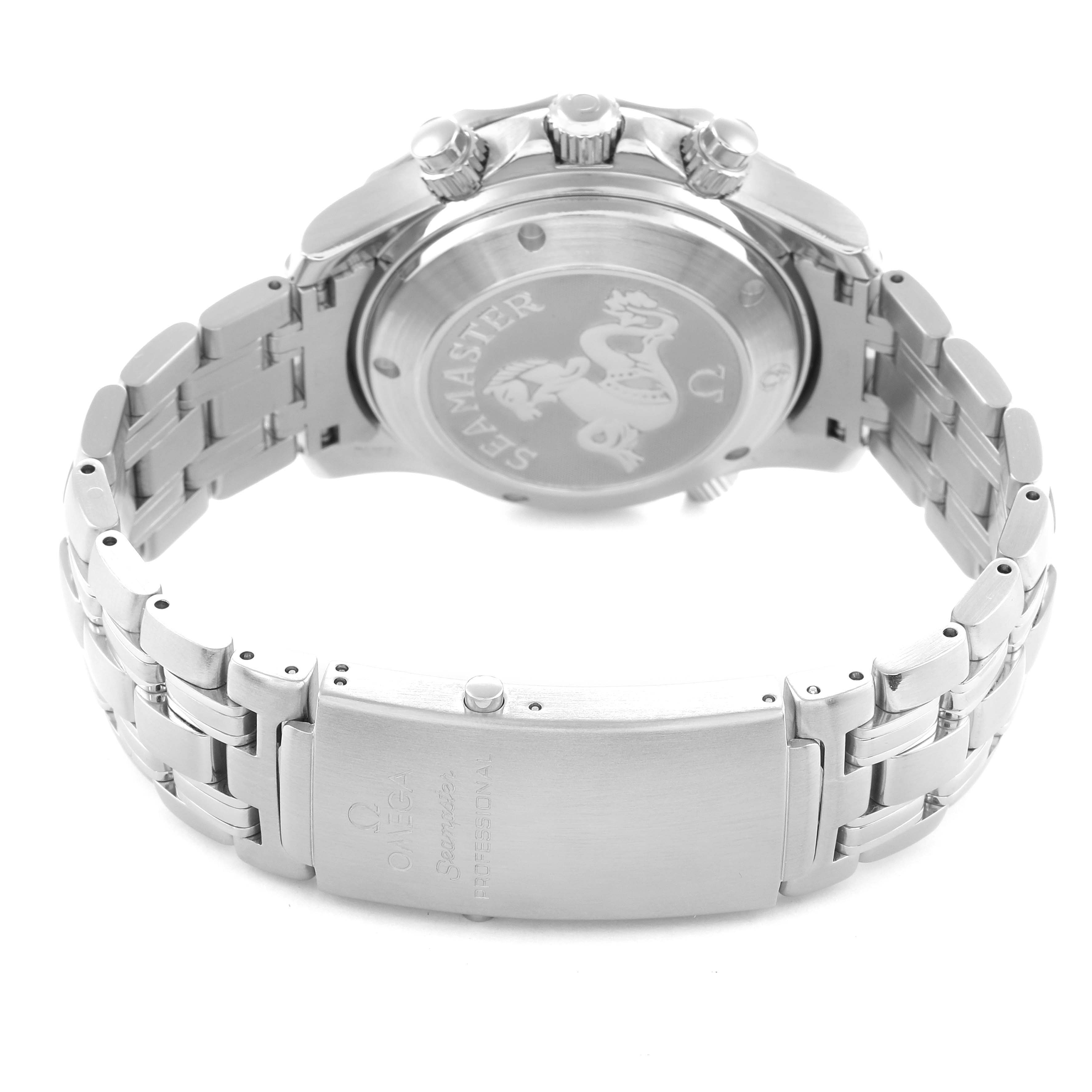 The image shows the back of the Omega Seamaster 2225.80.00 Men
s Stainless Steel Blue Dial watch, highlighting the case back, bracelet, and clasp.