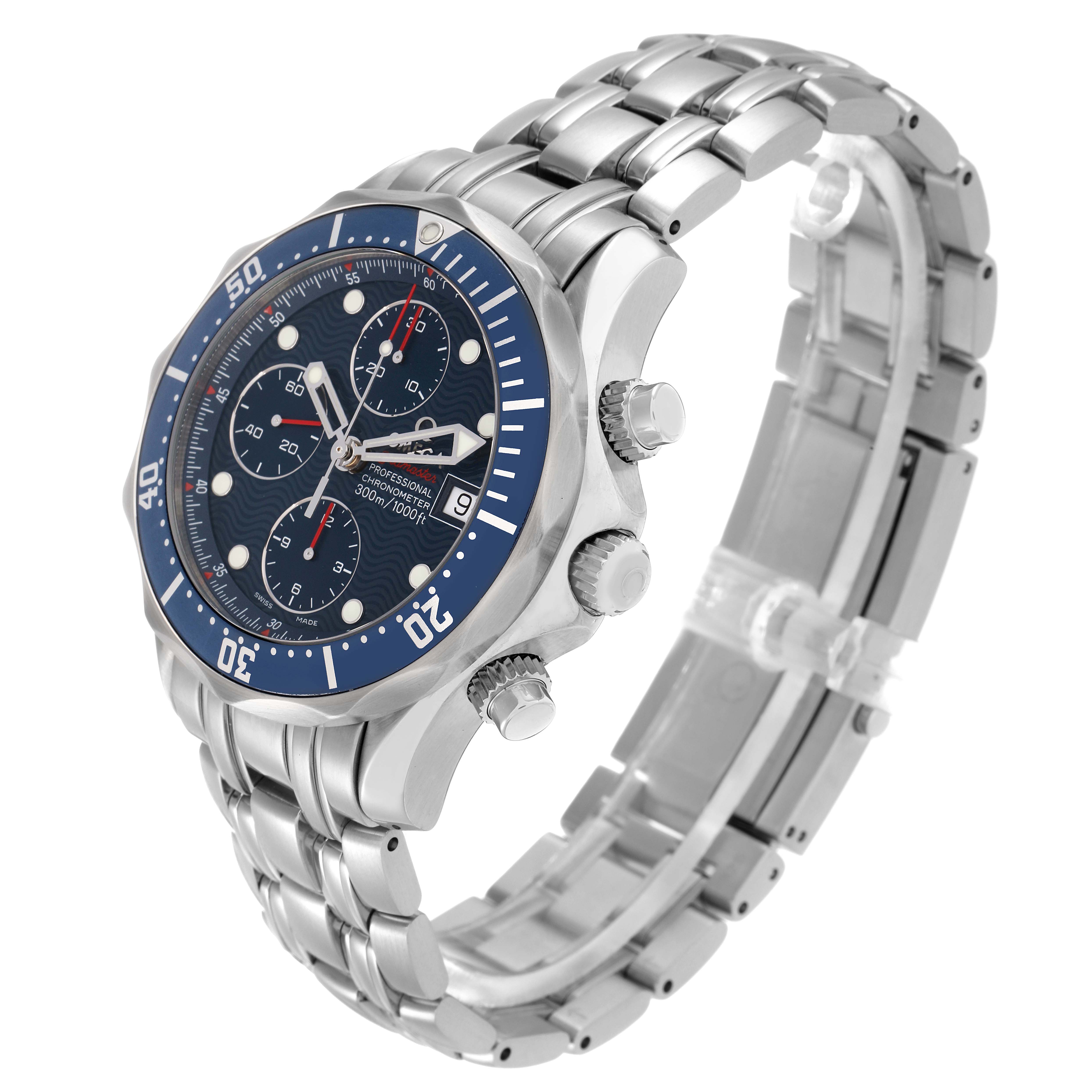 The Omega Seamaster 2225.80.00 Men
s Stainless Steel Blue Dial watch is shown at a three-quarter angle, highlighting its face, bezel, crown, and bracelet links.