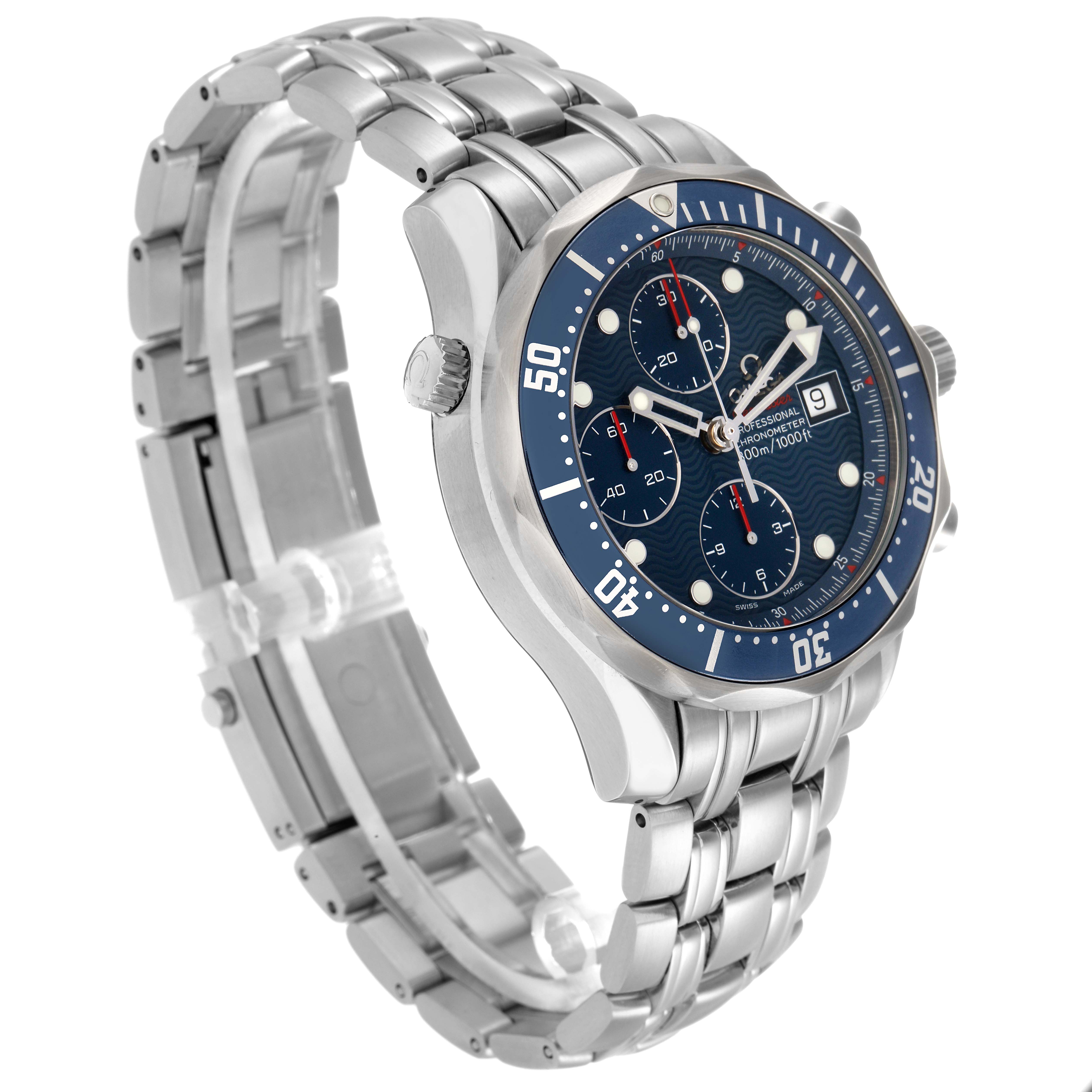 The Omega Seamaster 2225.80.00 Men
s Stainless Steel Blue Dial watch is shown at a three-quarter angle, highlighting the bezel, dial, and bracelet.