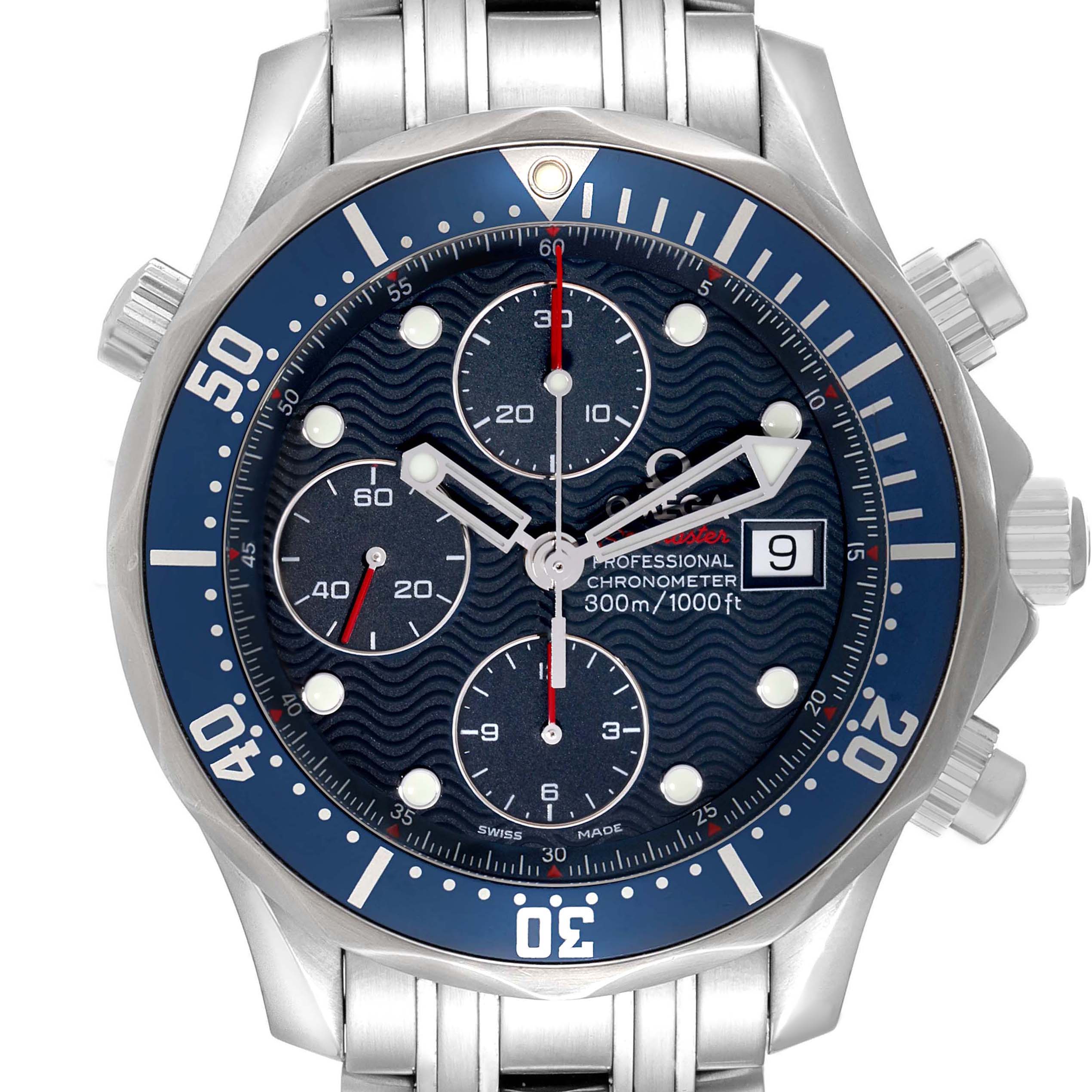 The Omega Seamaster 2225.80.00 Men
s Stainless Steel Blue Dial watch is shown from the front, highlighting its dial, bezel, crown, and metal bracelet.
