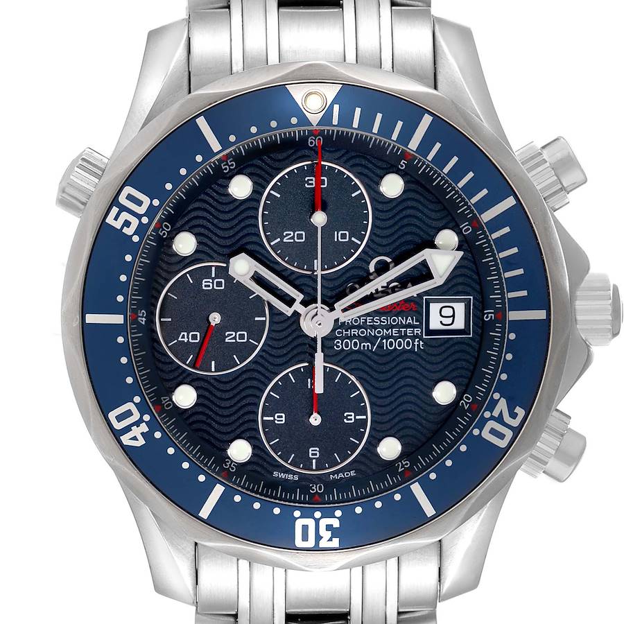 The image shows a frontal view of the Omega Seamaster model 2225.80.00, highlighting the dial, bezel, subdials, date window, and part of the bracelet.