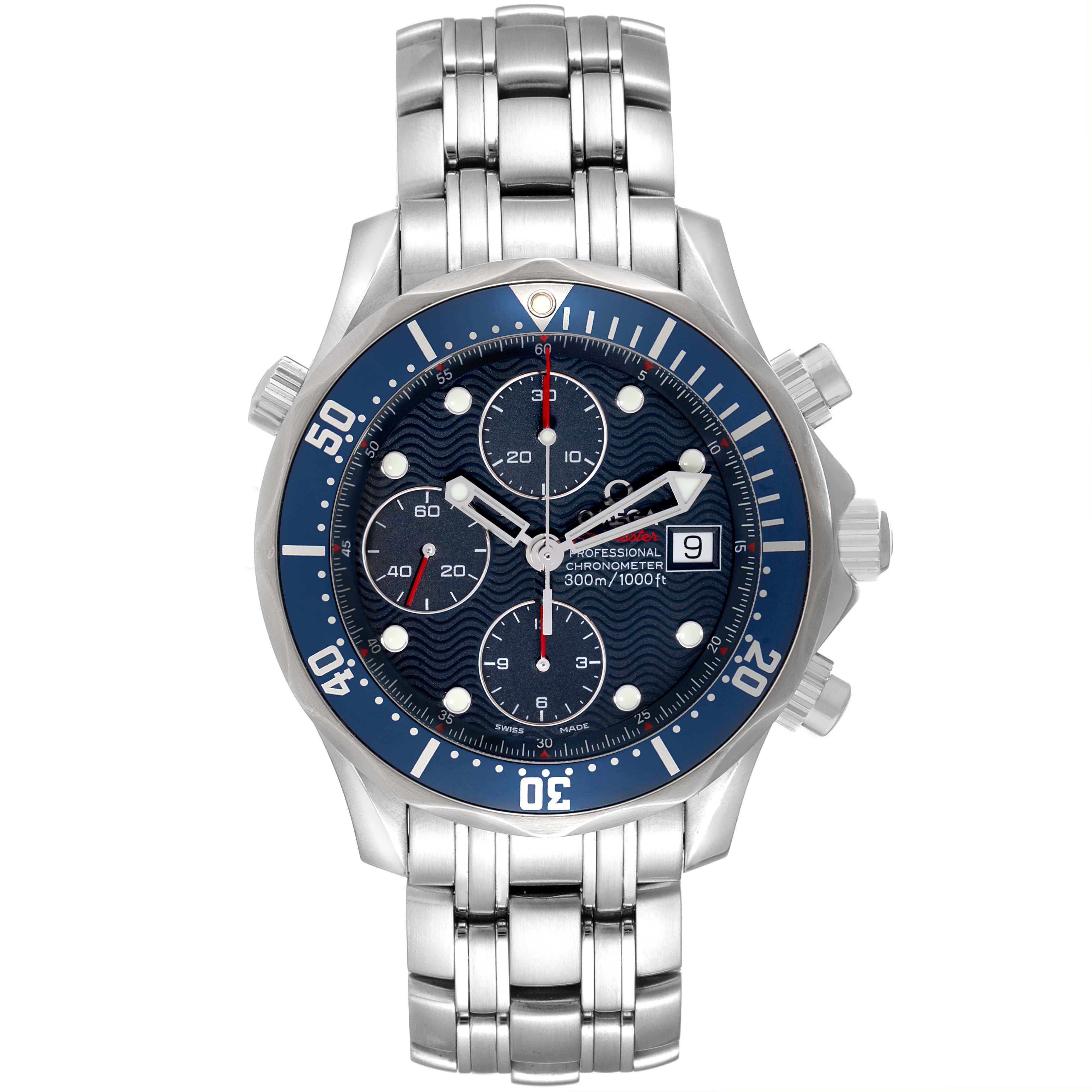 The Omega Seamaster 2225.80.00 Men
s Stainless Steel Blue Dial watch is shown from a front angle, displaying the full dial, bezel, and bracelet.