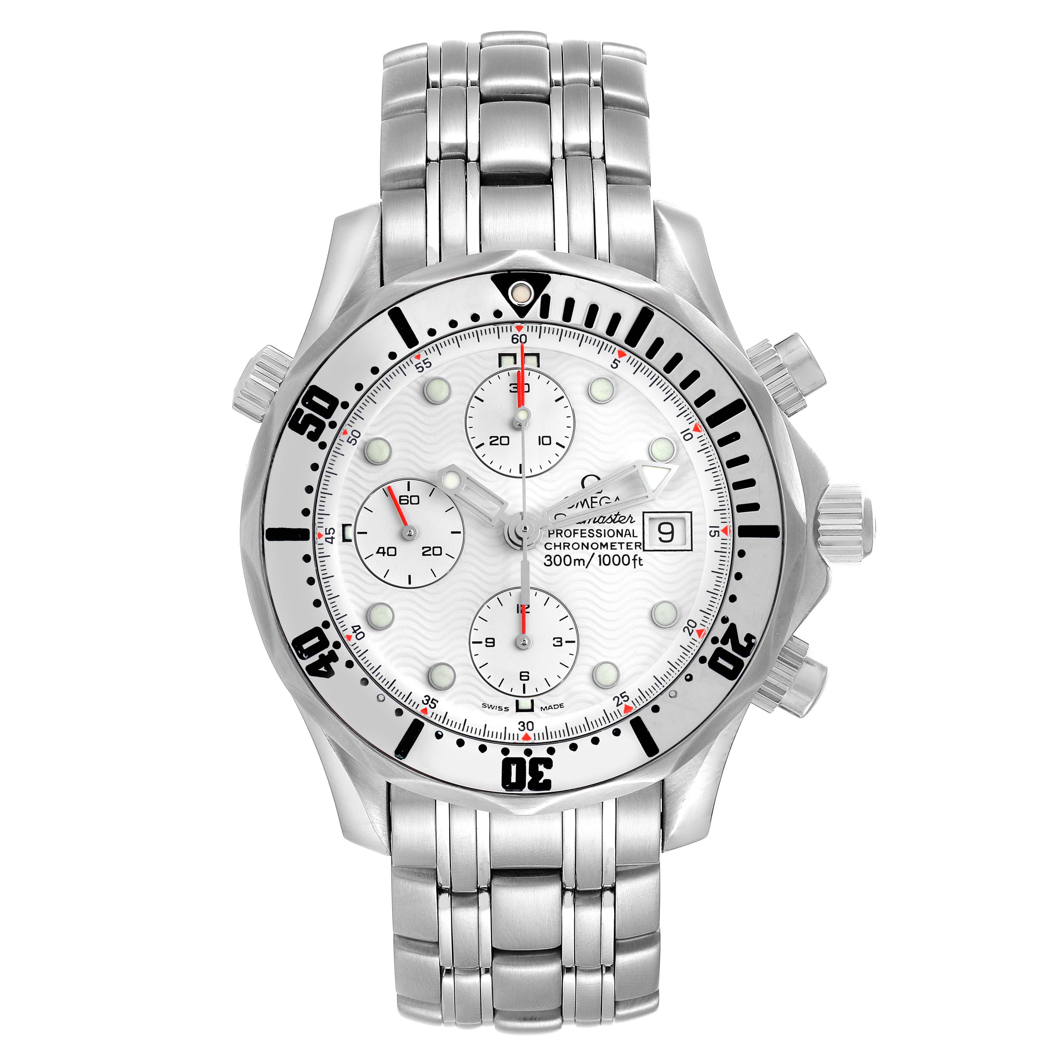 The Omega Seamaster 2598.20.00 Men
s Stainless Steel White Dial watch is shown from the front, displaying its face, bezel, crown, pushers, and bracelet.