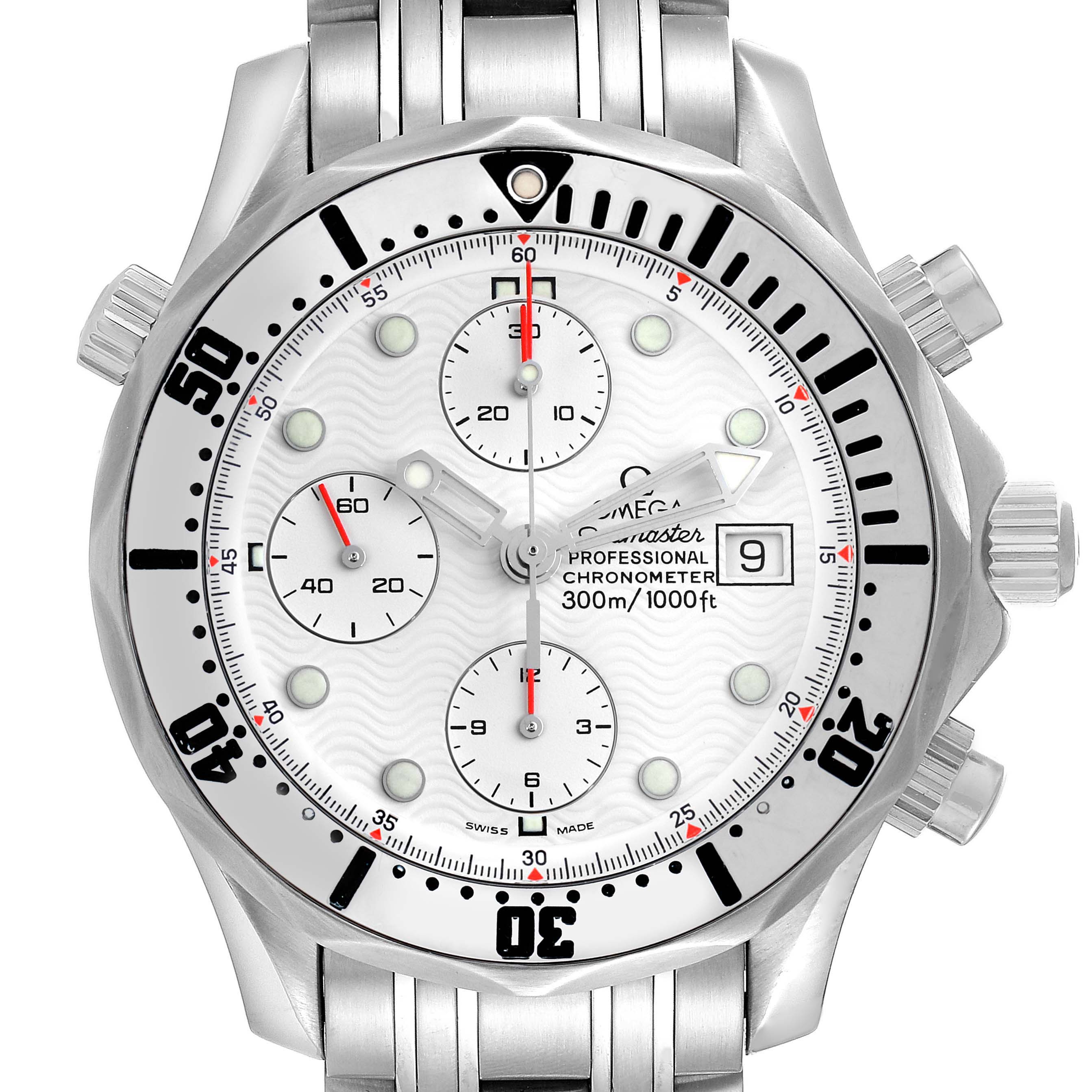 The Omega Seamaster 2598.20.00 Men
s Stainless Steel White Dial watch is shown from a straight-on angle, displaying the bezel, dial, subdials, and bracelet.