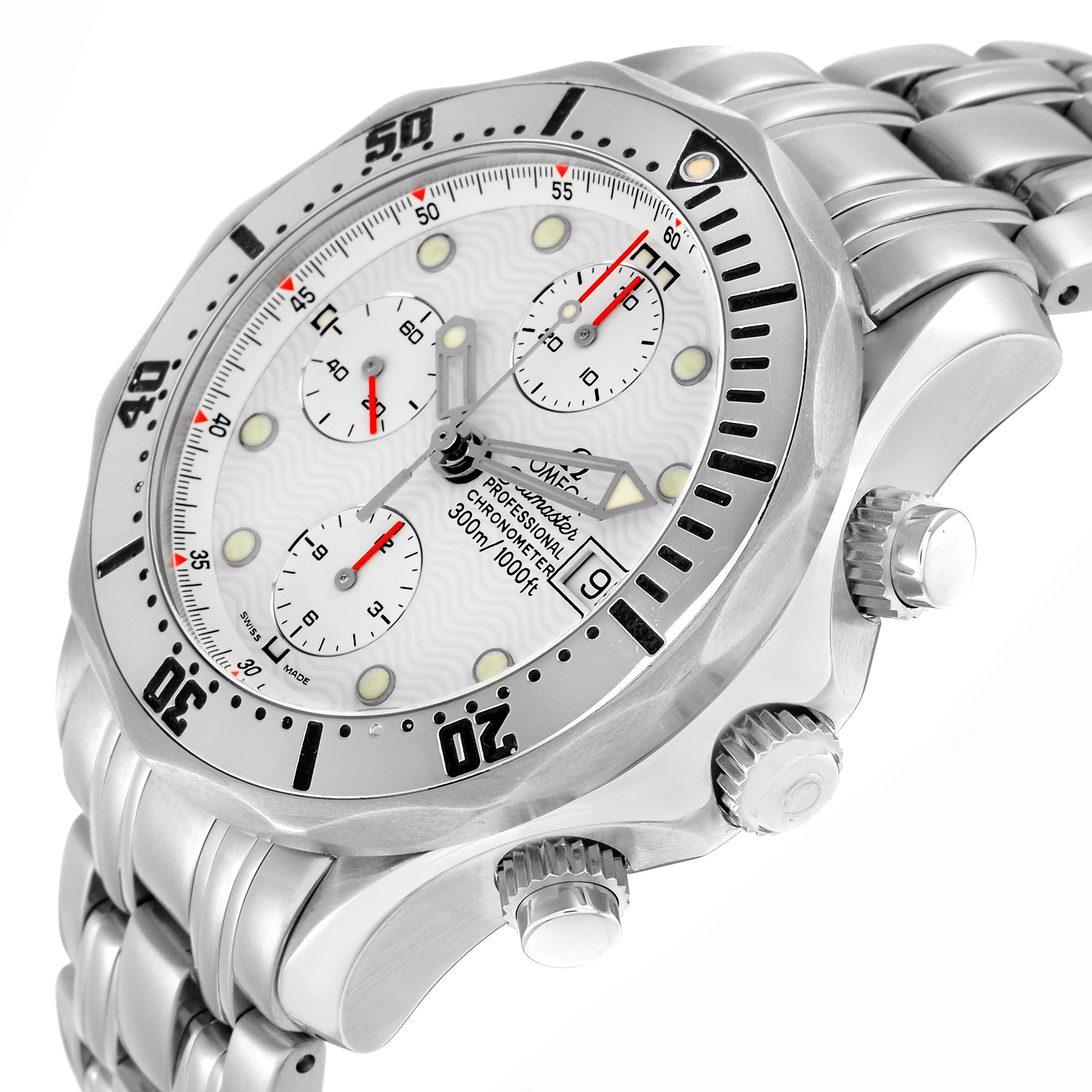 The Omega Seamaster 2598.20.00 Men
s Stainless Steel White Dial watch is shown from a side angle, highlighting the dial, bezel, chronograph subdials, and crown.