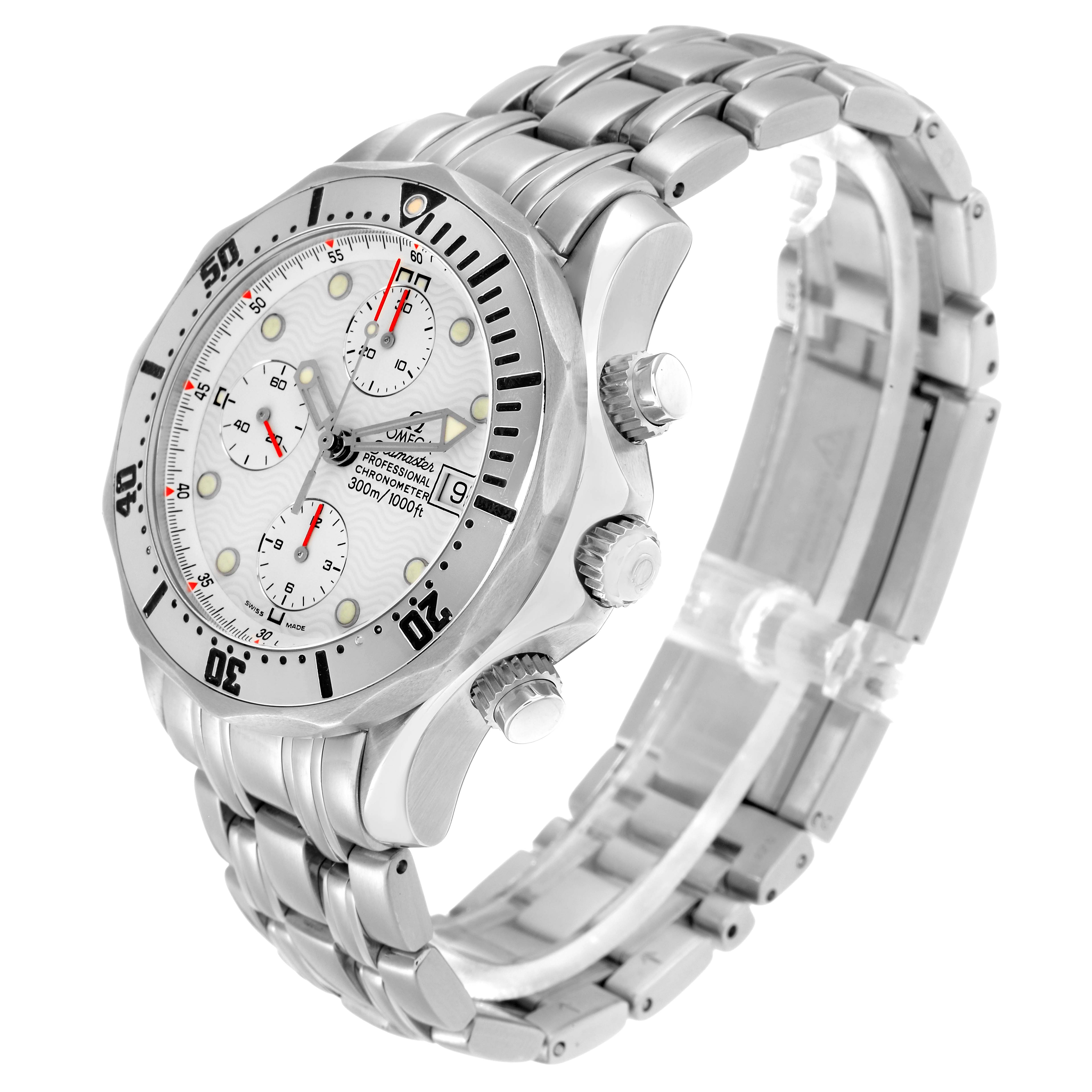 The Omega Seamaster 2598.20.00 Men
s Stainless Steel White Dial watch is shown at a three-quarter angle highlighting the bezel, dial, chronograph sub-dials, and bracelet.