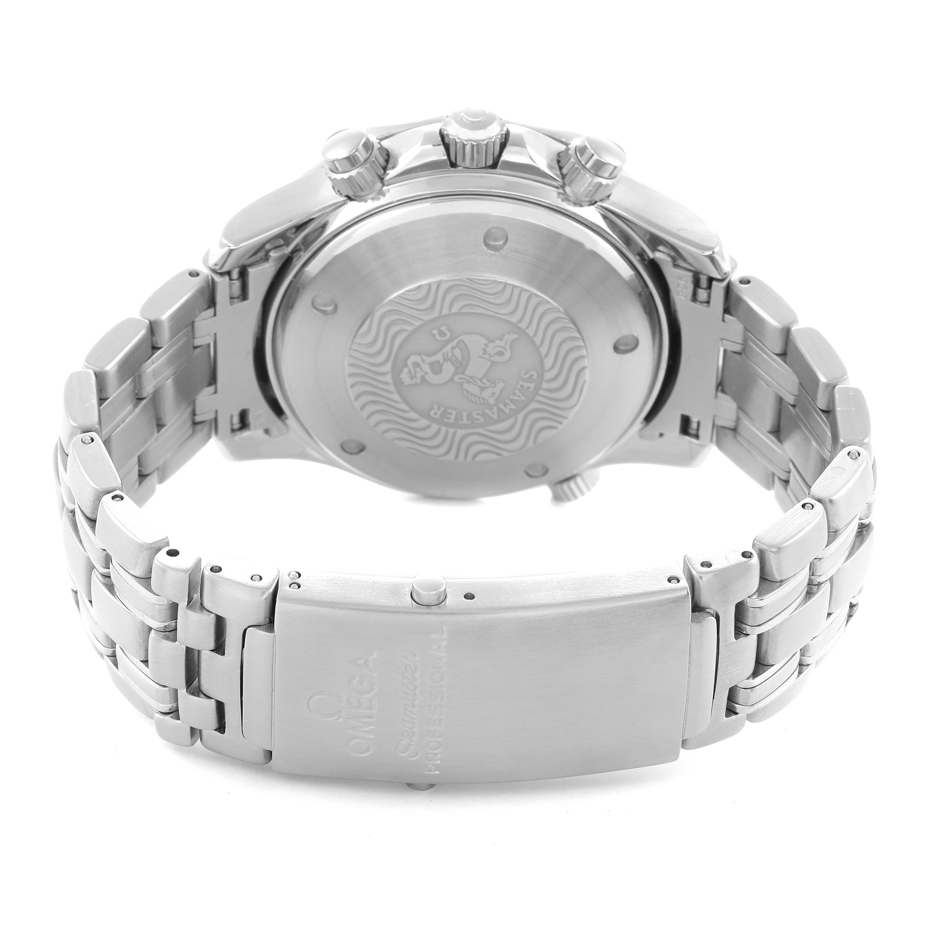 The image shows the back case, clasp, and bracelet of an Omega Seamaster 2598.20.00 Men
s Stainless Steel White Dial watch, viewed from the rear.