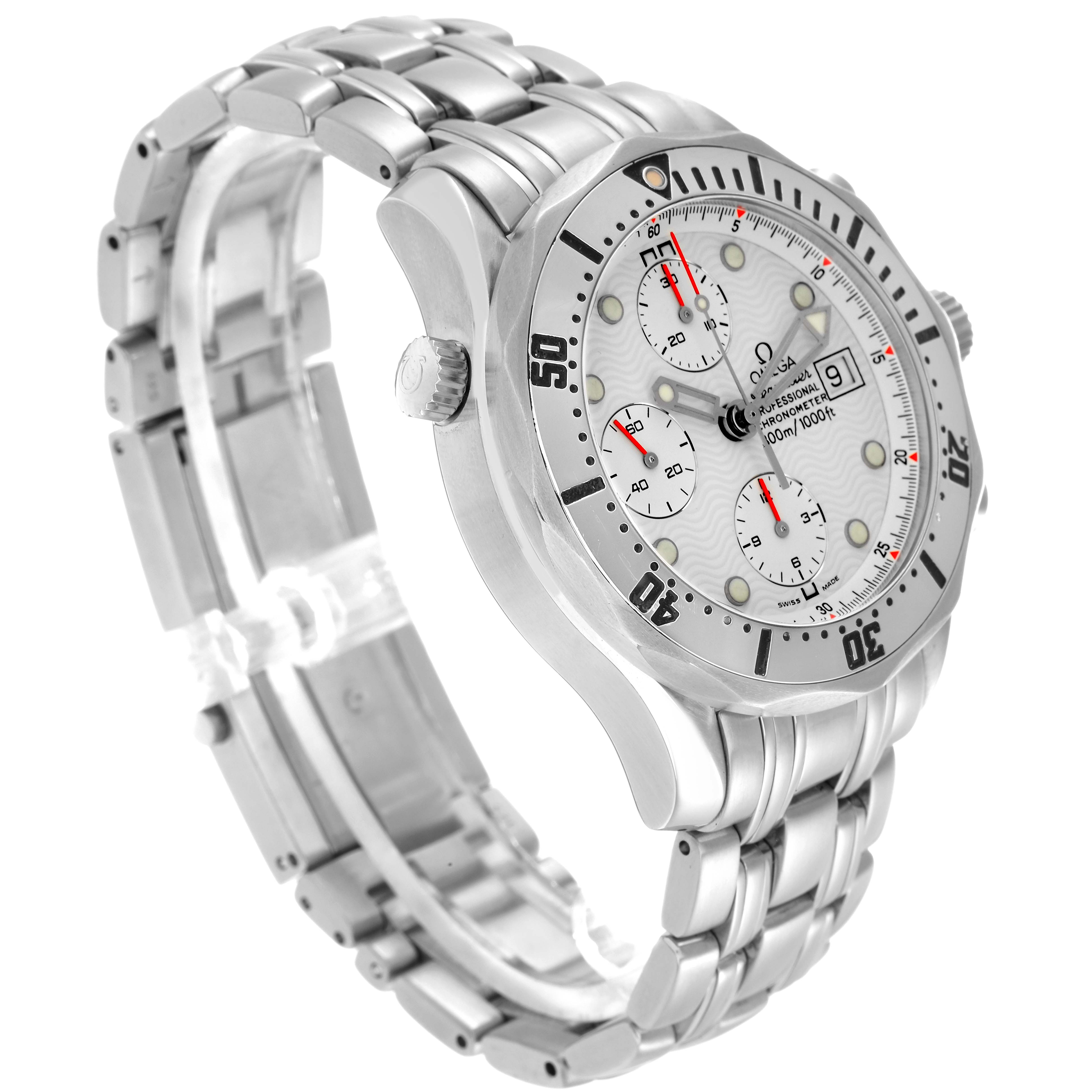 The Omega Seamaster 2598.20.00 Men
s Stainless Steel White Dial watch is shown at a three-quarter angle, displaying the dial, bezel, and metal bracelet.