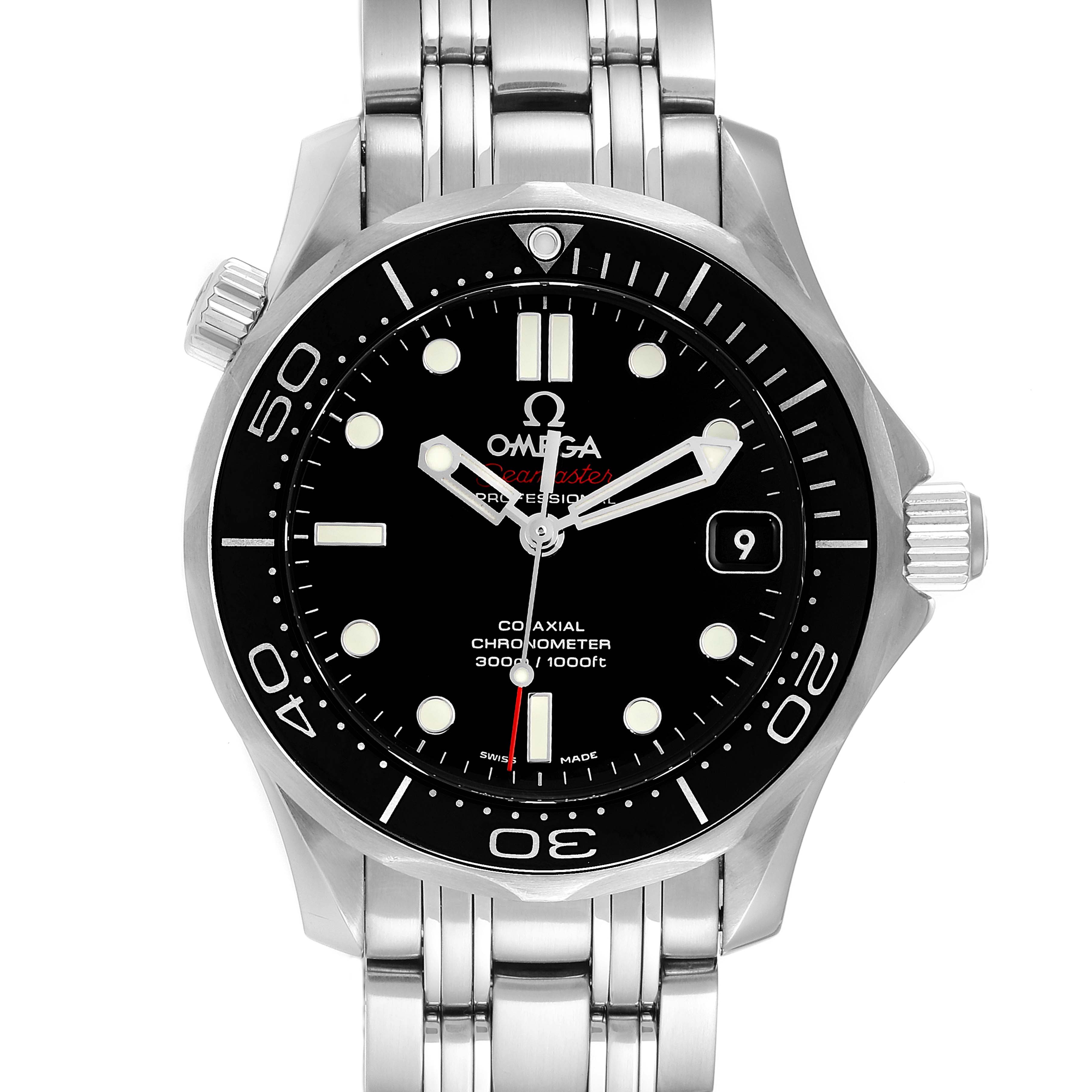 The image shows a front view of the Omega Seamaster 212.30.36.20.01.002 Men's Stainless Steel Black Dial 212.30.36.20.01.002 Men's Stainless Steel Black Dial watch, highlighting the dial, bezel, hands, bracelet, and crown.