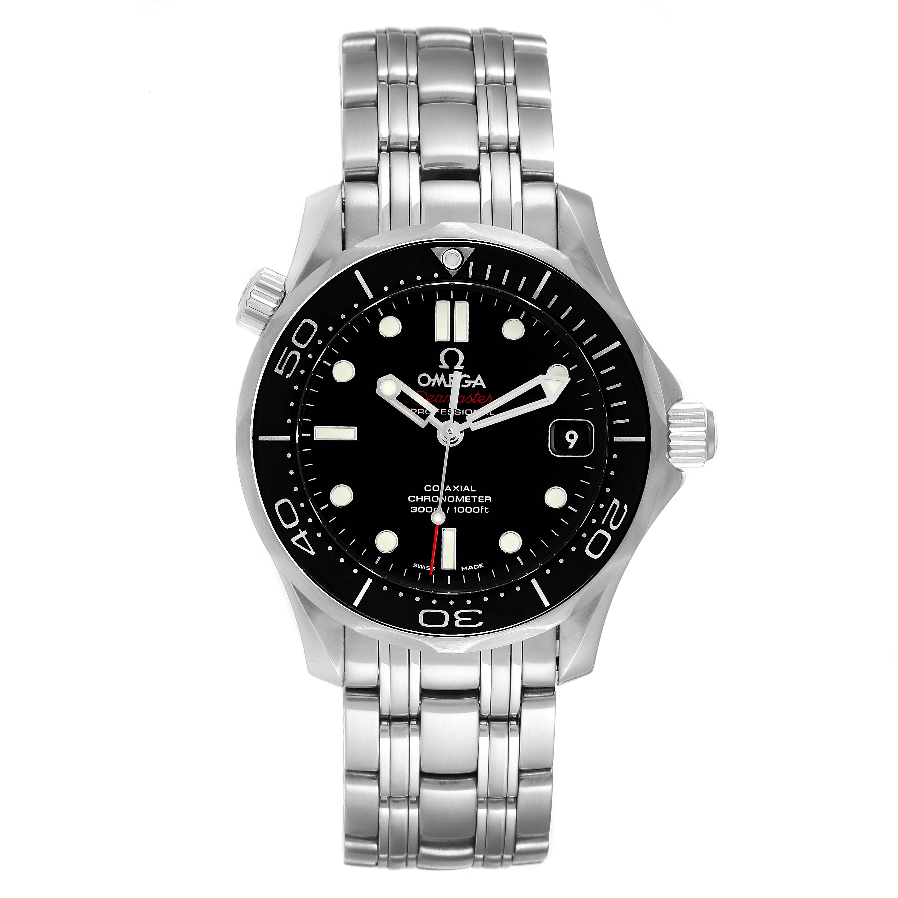 The image shows a front view of an Omega Seamaster 212.30.36.20.01.002 Men's Stainless Steel Black Dial 212.30.36.20.01.002 Men's Stainless Steel Black Dial watch, highlighting its bezel, dial, and bracelet.
