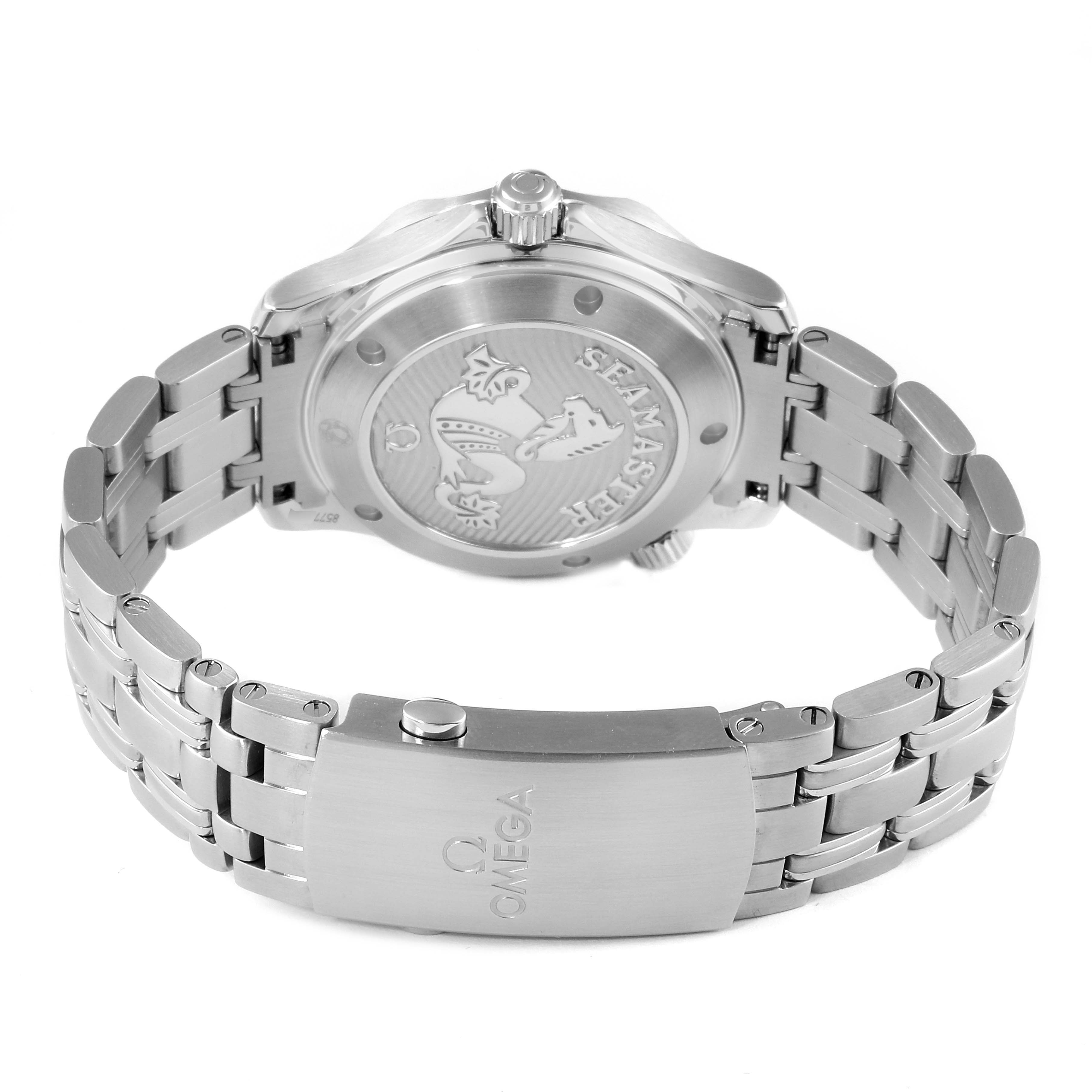 This image shows the back case and bracelet clasp of an Omega Seamaster 212.30.36.20.01.002 Men's Stainless Steel Black Dial 212.30.36.20.01.002 Men's Stainless Steel Black Dial watch.