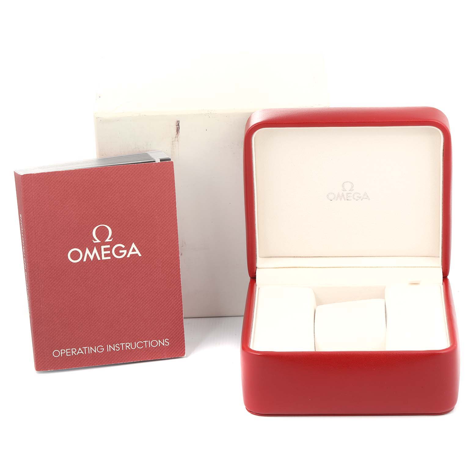 The image shows the box, operating instructions, and red case for the Omega Seamaster 212.30.36.20.01.002 Men's Stainless Steel Black Dial 212.30.36.20.01.002 Men's Stainless Steel Black Dial watch.